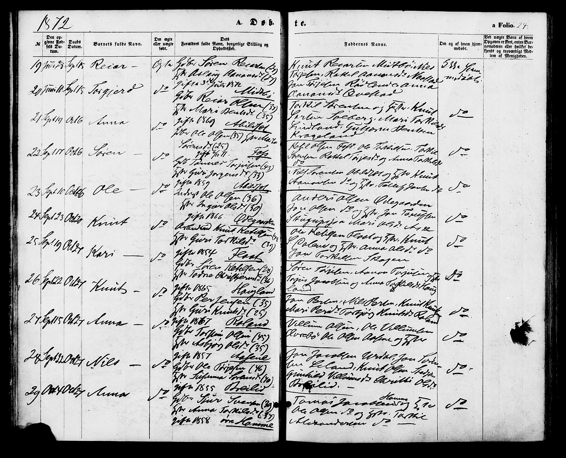 Bjelland sokneprestkontor, SAK/1111-0005/F/Fa/Faa/L0003: Parish register (official) no. A 3, 1867-1887, p. 24