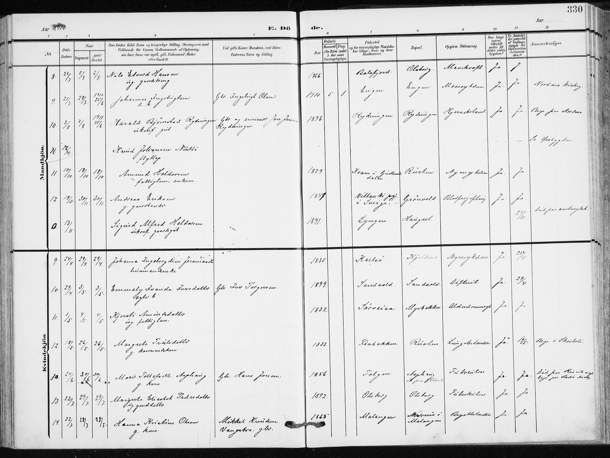 Målselv sokneprestembete, AV/SATØ-S-1311/G/Ga/Gaa/L0011kirke: Parish register (official) no. 11, 1904-1918, p. 330