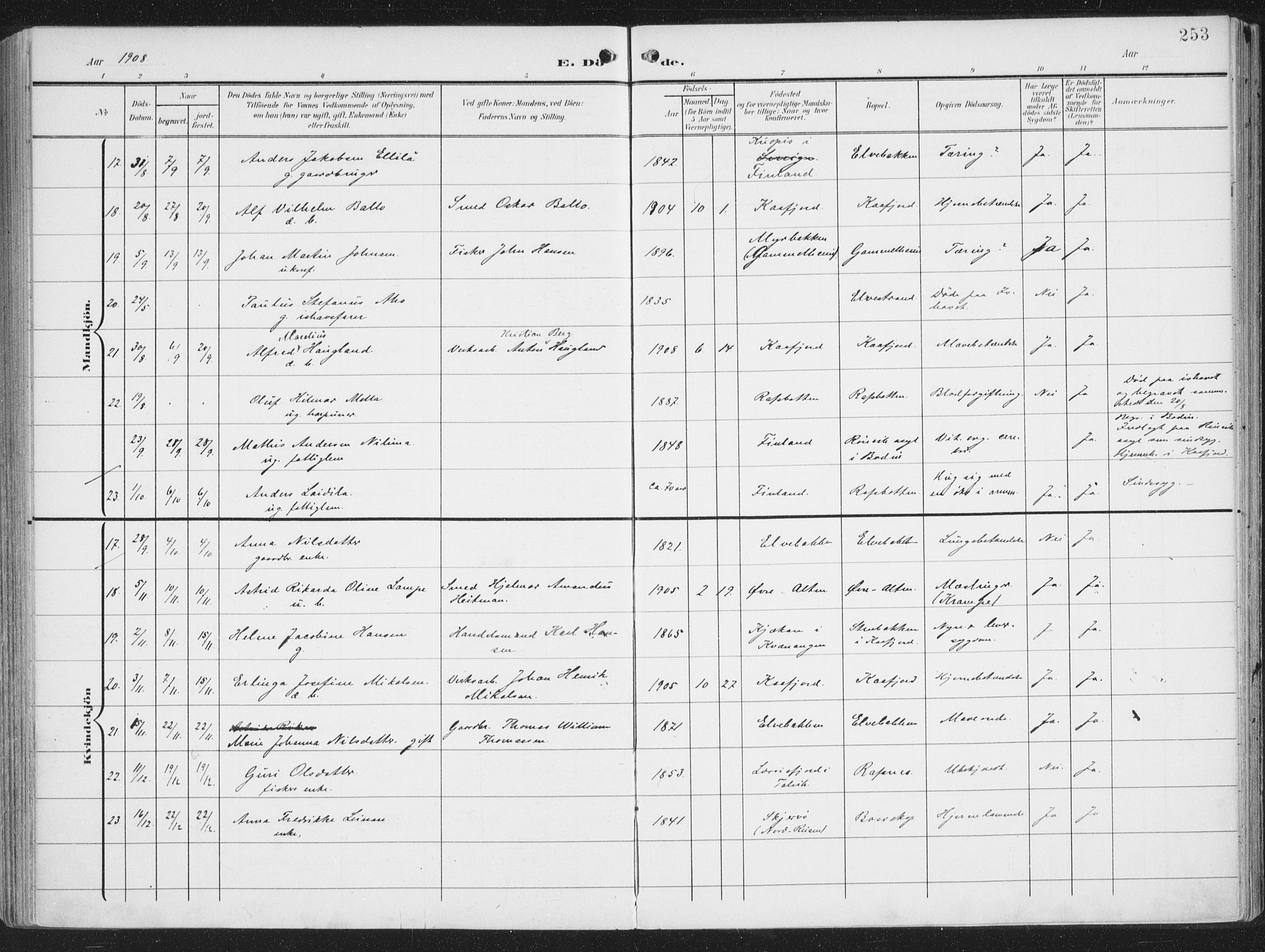 Alta sokneprestkontor, AV/SATØ-S-1338/H/Ha/L0005.kirke: Parish register (official) no. 5, 1904-1918, p. 253