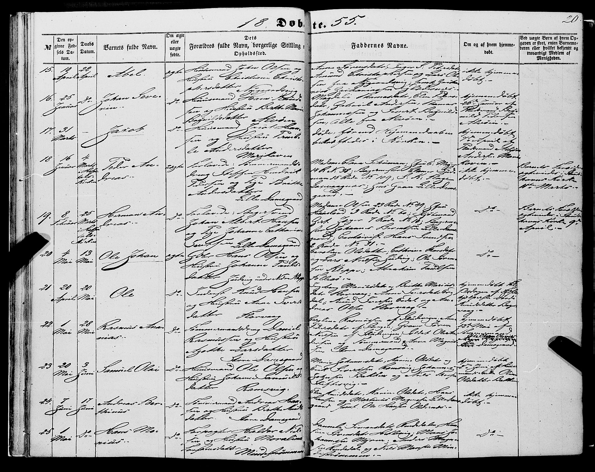 Askøy Sokneprestembete, AV/SAB-A-74101/H/Ha/Haa/Haaa/L0008: Parish register (official) no. A 8, 1852-1862, p. 20