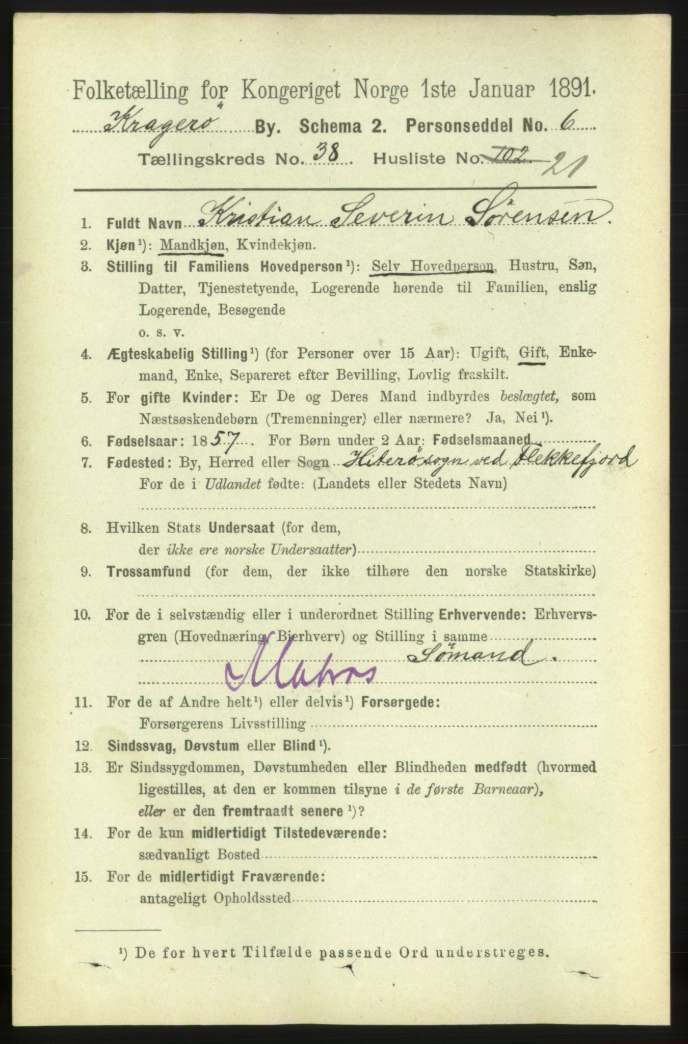 RA, 1891 census for 0801 Kragerø, 1891, p. 7276