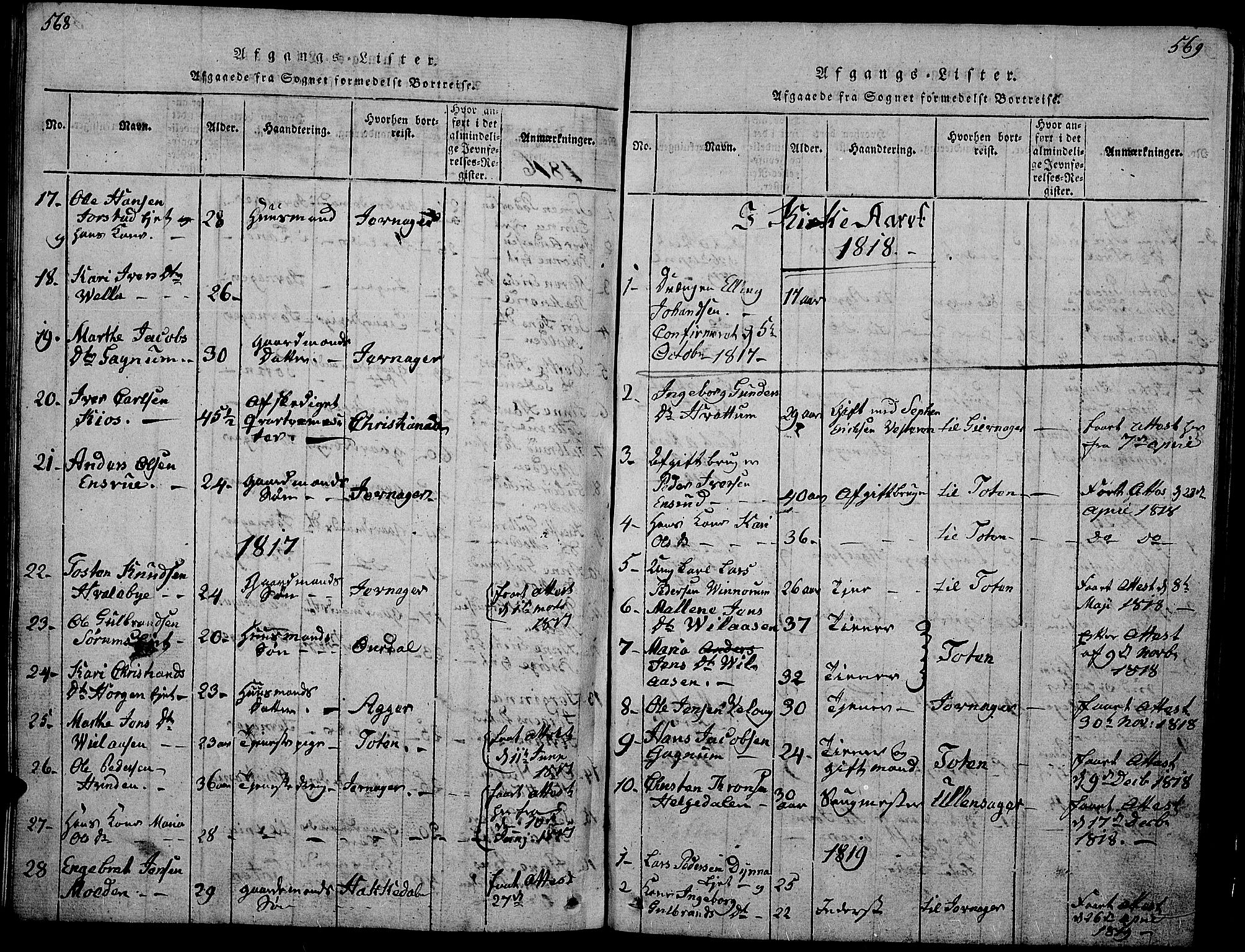 Gran prestekontor, SAH/PREST-112/H/Ha/Hab/L0001: Parish register (copy) no. 1, 1815-1824, p. 568-569