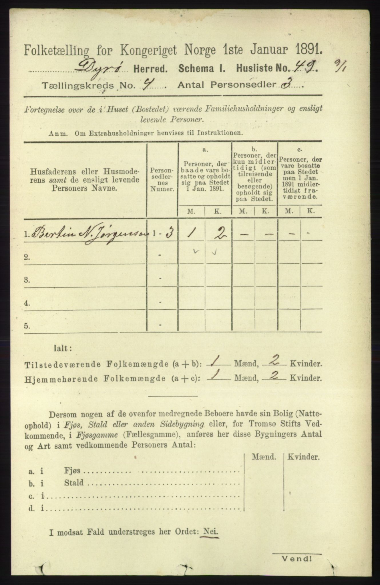 RA, 1891 census for 1926 Dyrøy, 1891, p. 1499