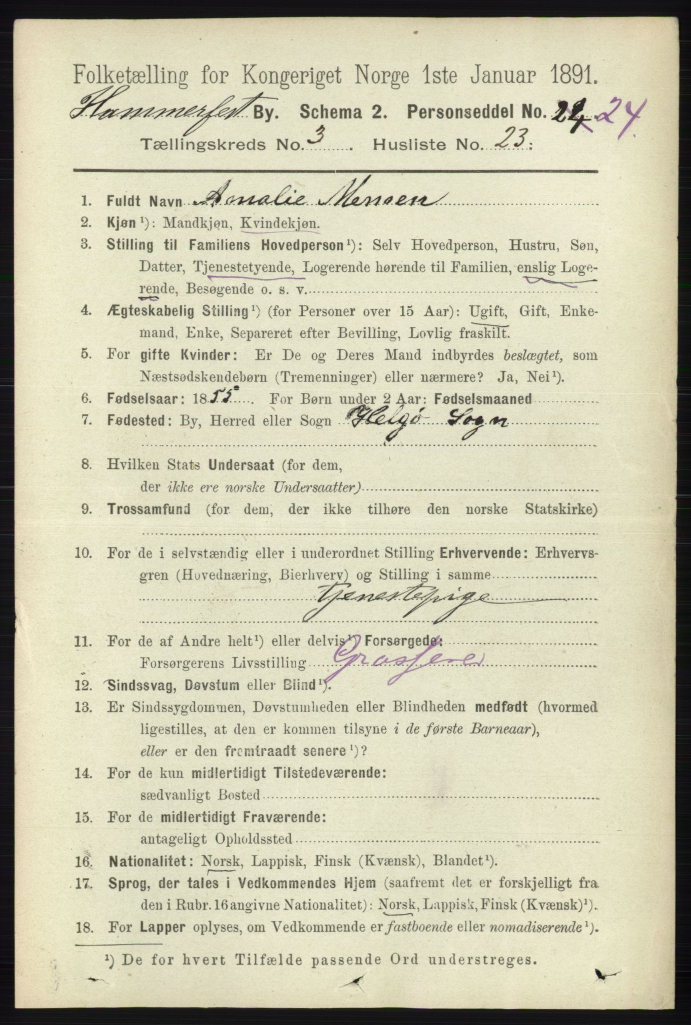 RA, 1891 census for 2001 Hammerfest, 1891, p. 846