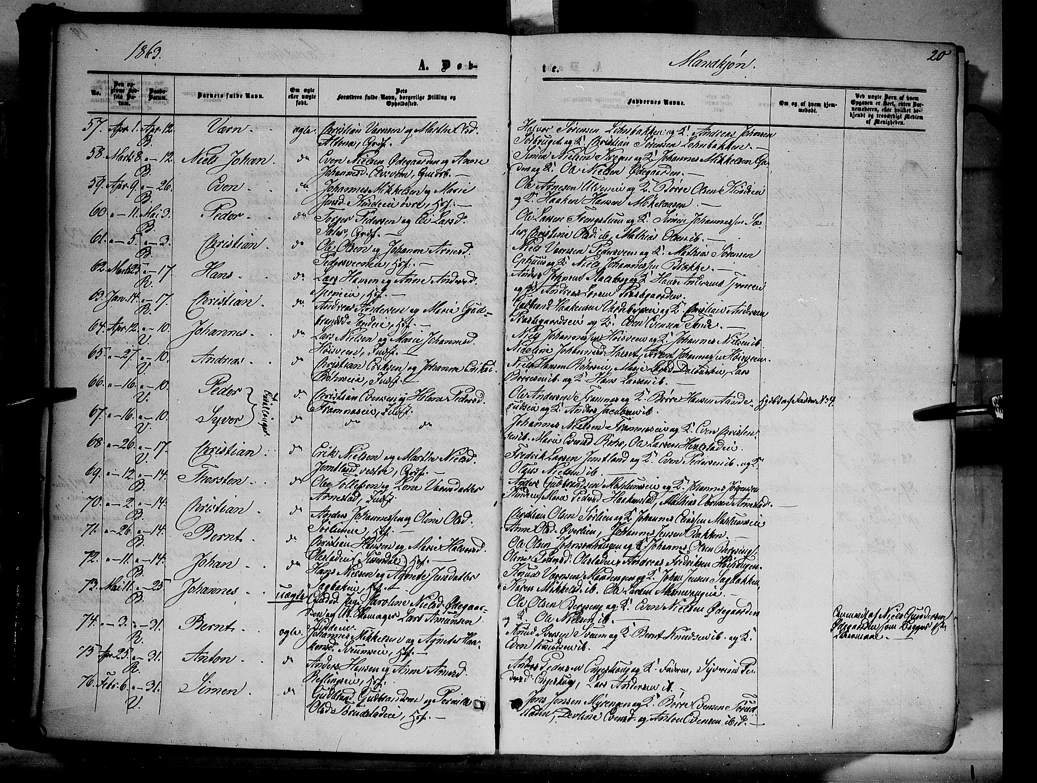 Ringsaker prestekontor, AV/SAH-PREST-014/K/Ka/L0010: Parish register (official) no. 10, 1861-1869, p. 20