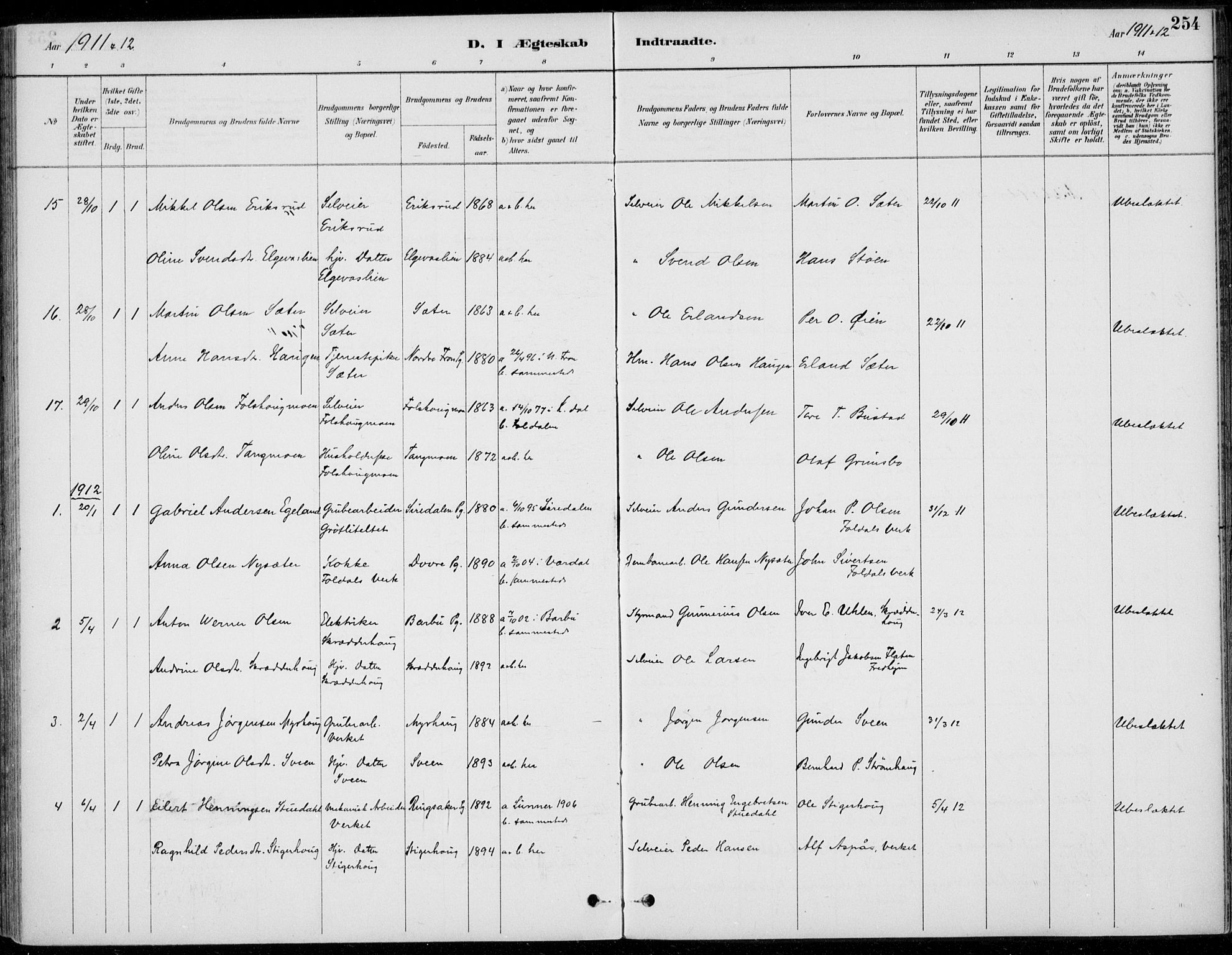 Alvdal prestekontor, SAH/PREST-060/H/Ha/Haa/L0003: Parish register (official) no. 3, 1886-1912, p. 254