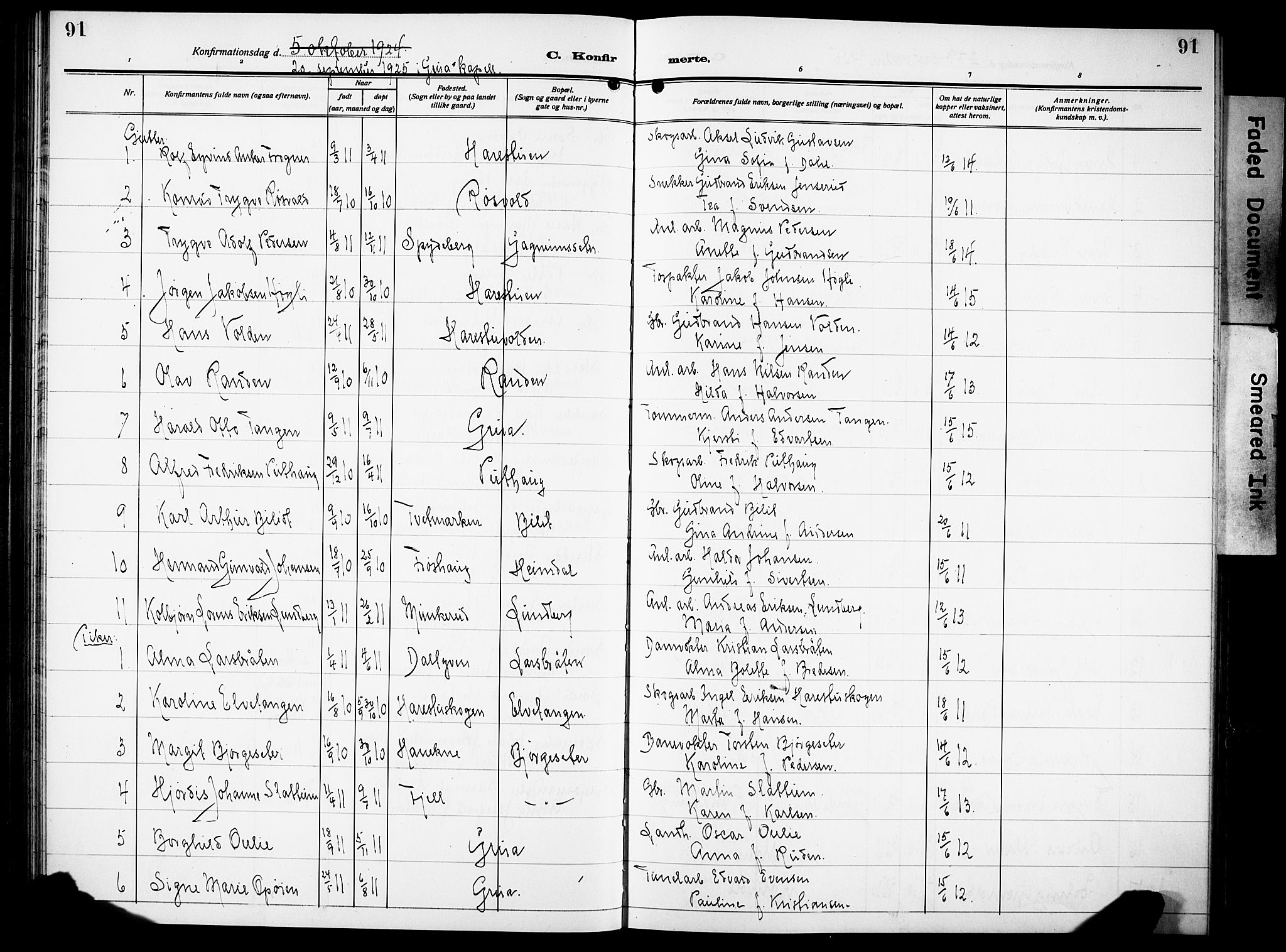 Lunner prestekontor, SAH/PREST-118/H/Ha/Hab/L0002: Parish register (copy) no. 2, 1923-1933, p. 91