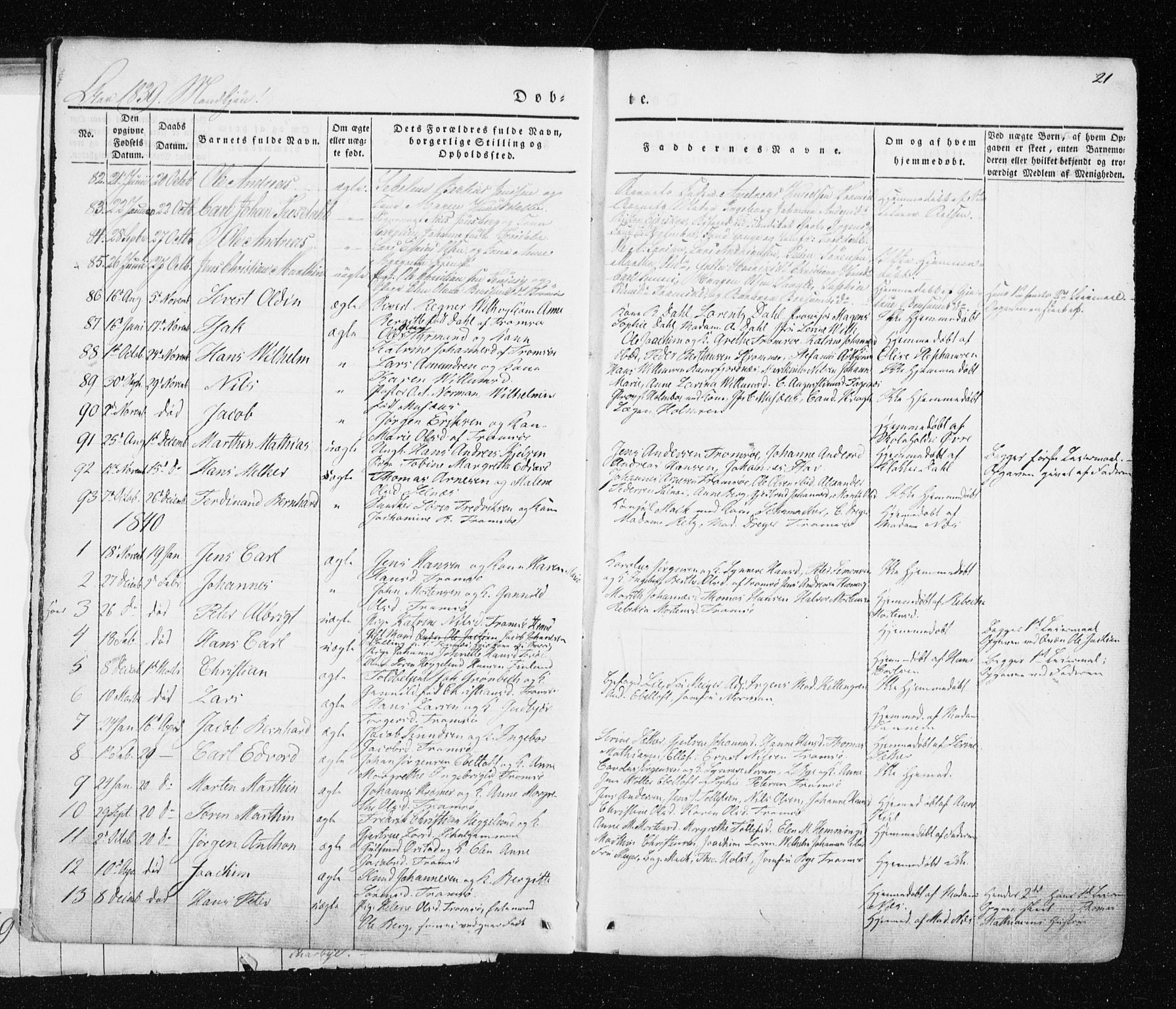 Tromsø sokneprestkontor/stiftsprosti/domprosti, SATØ/S-1343/G/Ga/L0009kirke: Parish register (official) no. 9, 1837-1847, p. 21