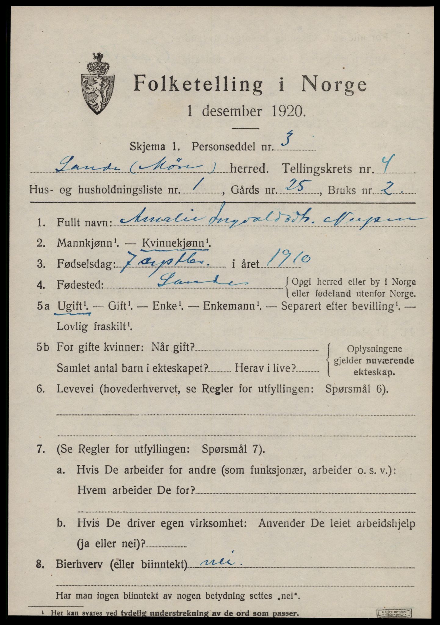 SAT, 1920 census for Sande (MR), 1920, p. 2970