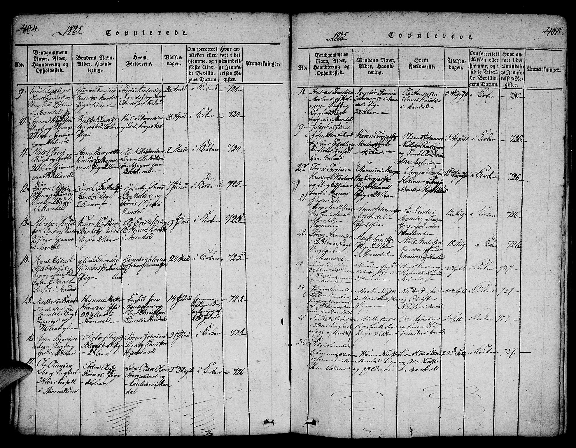 Mandal sokneprestkontor, SAK/1111-0030/F/Fa/Faa/L0010: Parish register (official) no. A 10, 1817-1830, p. 404-405
