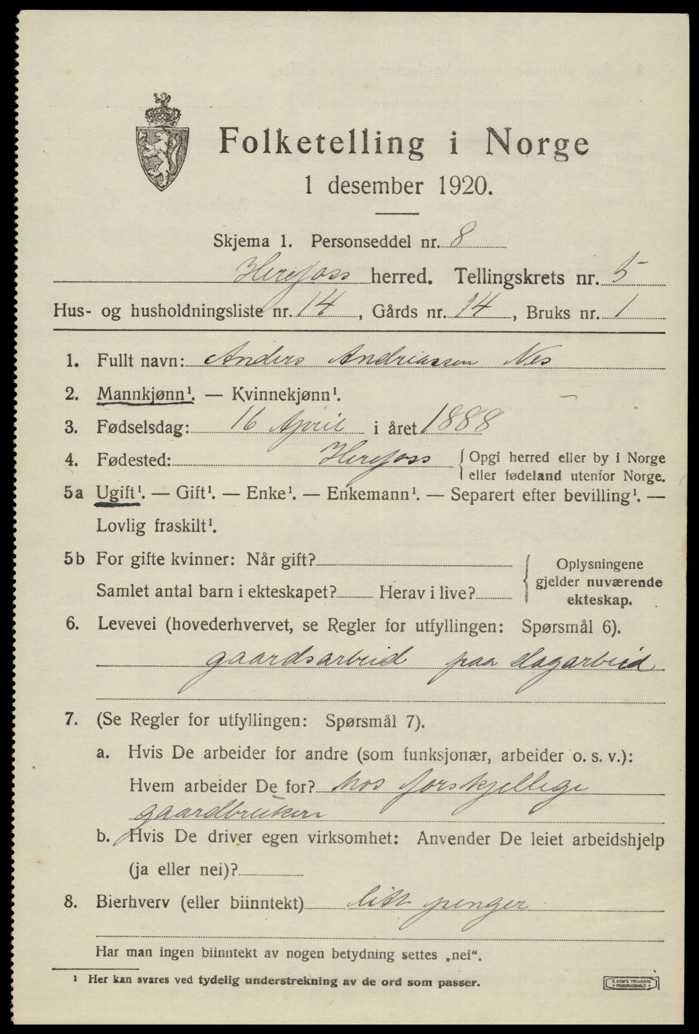 SAK, 1920 census for Herefoss, 1920, p. 1104