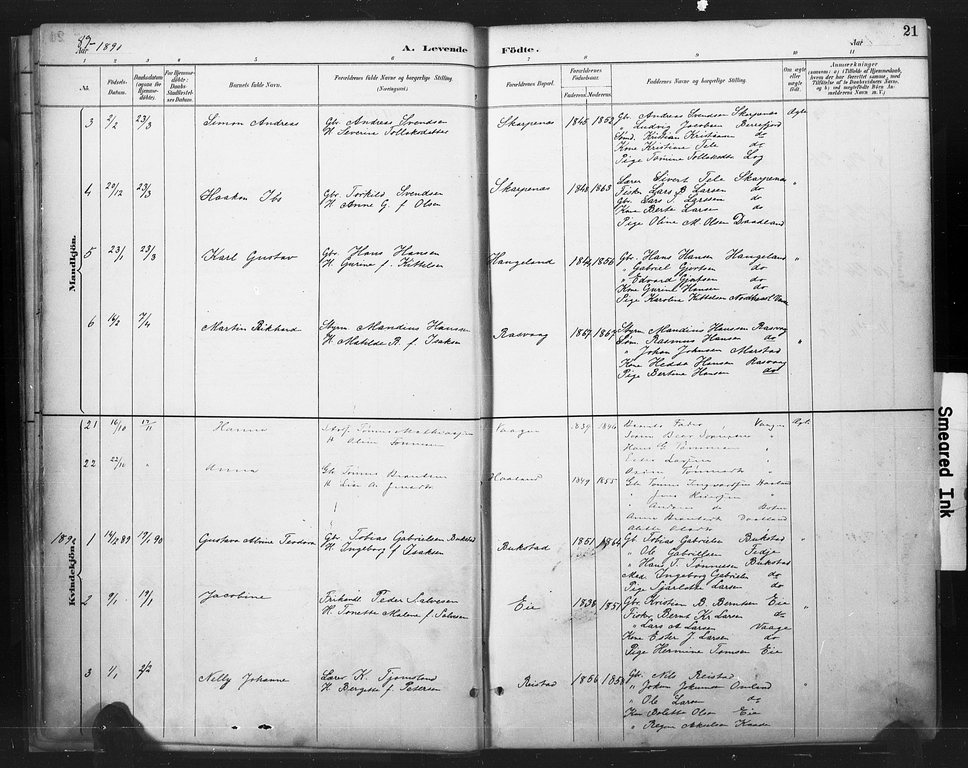 Flekkefjord sokneprestkontor, SAK/1111-0012/F/Fa/Fab/L0006: Parish register (official) no. A 6, 1886-1901, p. 21