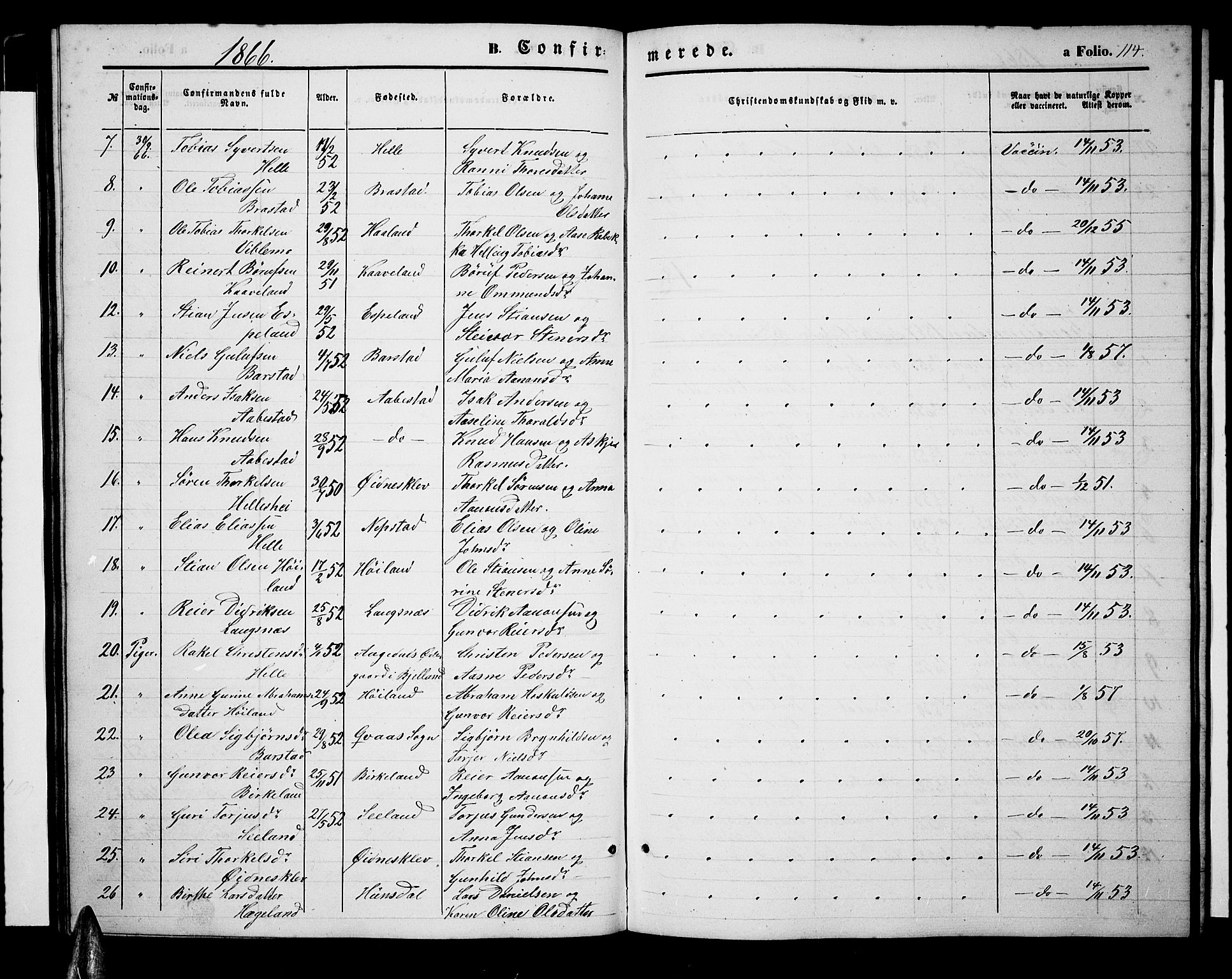 Nord-Audnedal sokneprestkontor, AV/SAK-1111-0032/F/Fb/Fba/L0002: Parish register (copy) no. B 2, 1856-1882, p. 114