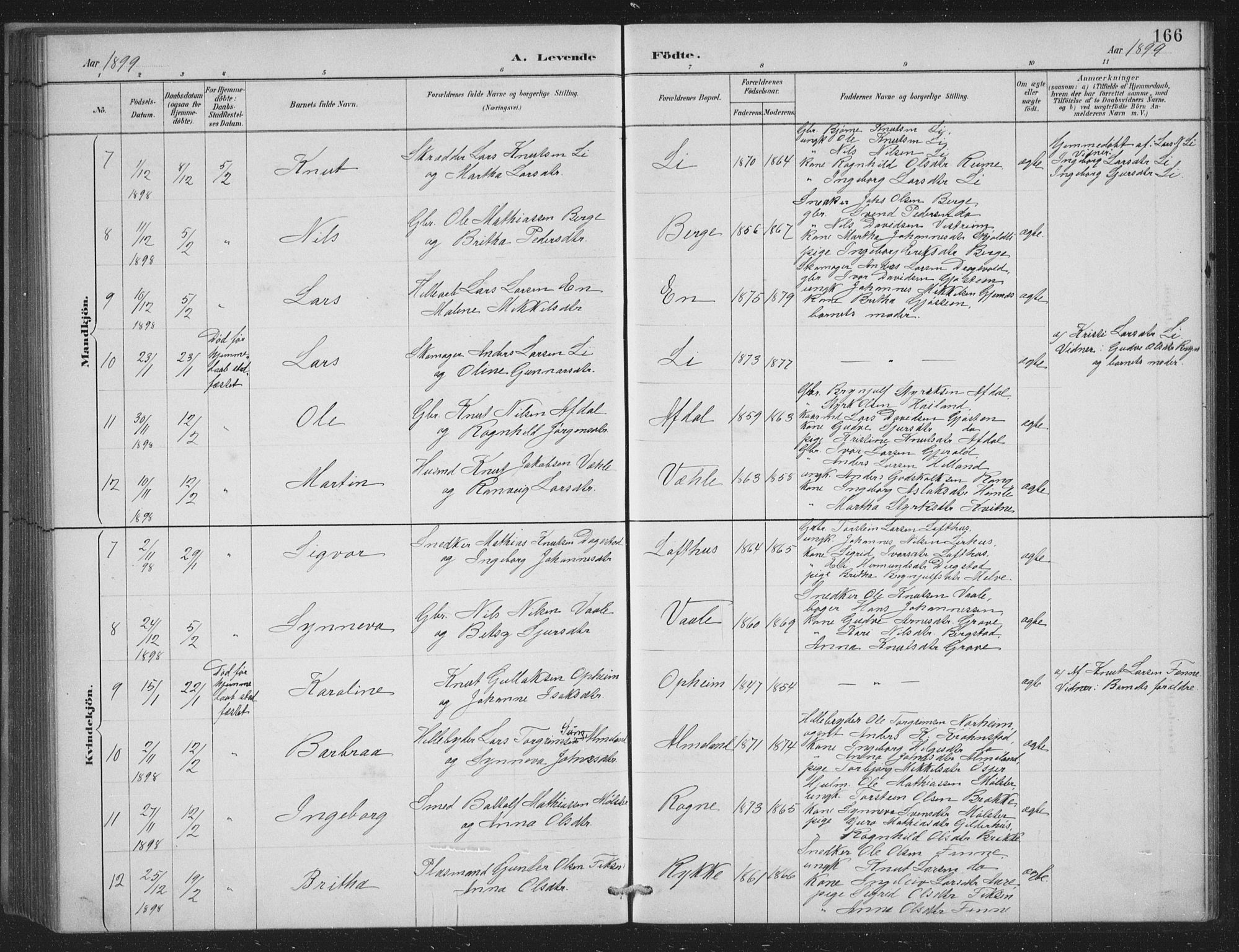 Voss sokneprestembete, SAB/A-79001/H/Hab: Parish register (copy) no. C 1, 1886-1899, p. 166