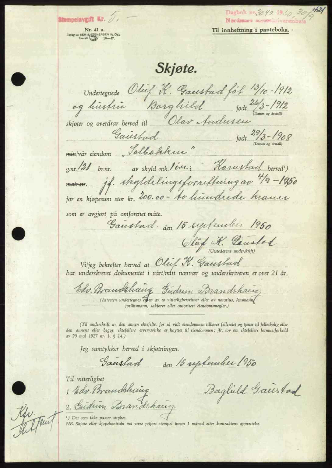 Nordmøre sorenskriveri, AV/SAT-A-4132/1/2/2Ca: Mortgage book no. A116, 1950-1950, Diary no: : 3042/1950