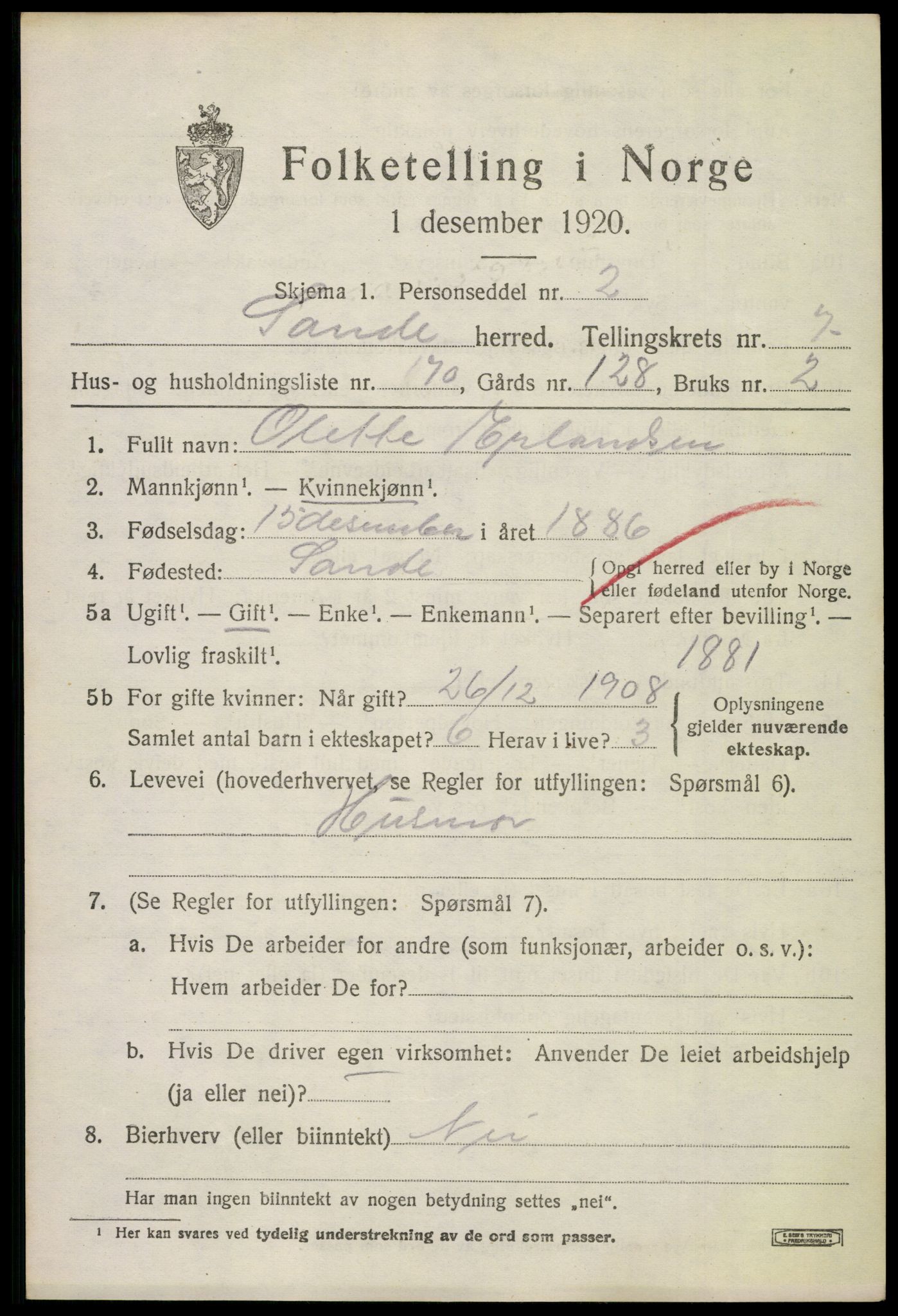 SAKO, 1920 census for Sande, 1920, p. 8942