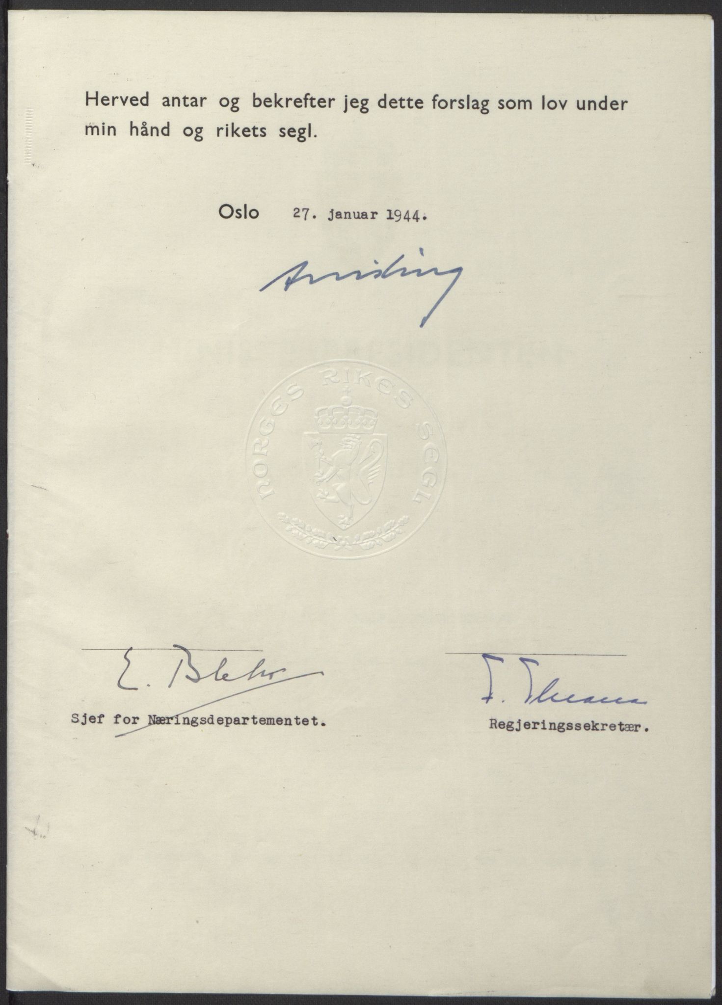 NS-administrasjonen 1940-1945 (Statsrådsekretariatet, de kommisariske statsråder mm), RA/S-4279/D/Db/L0100: Lover, 1944, p. 41