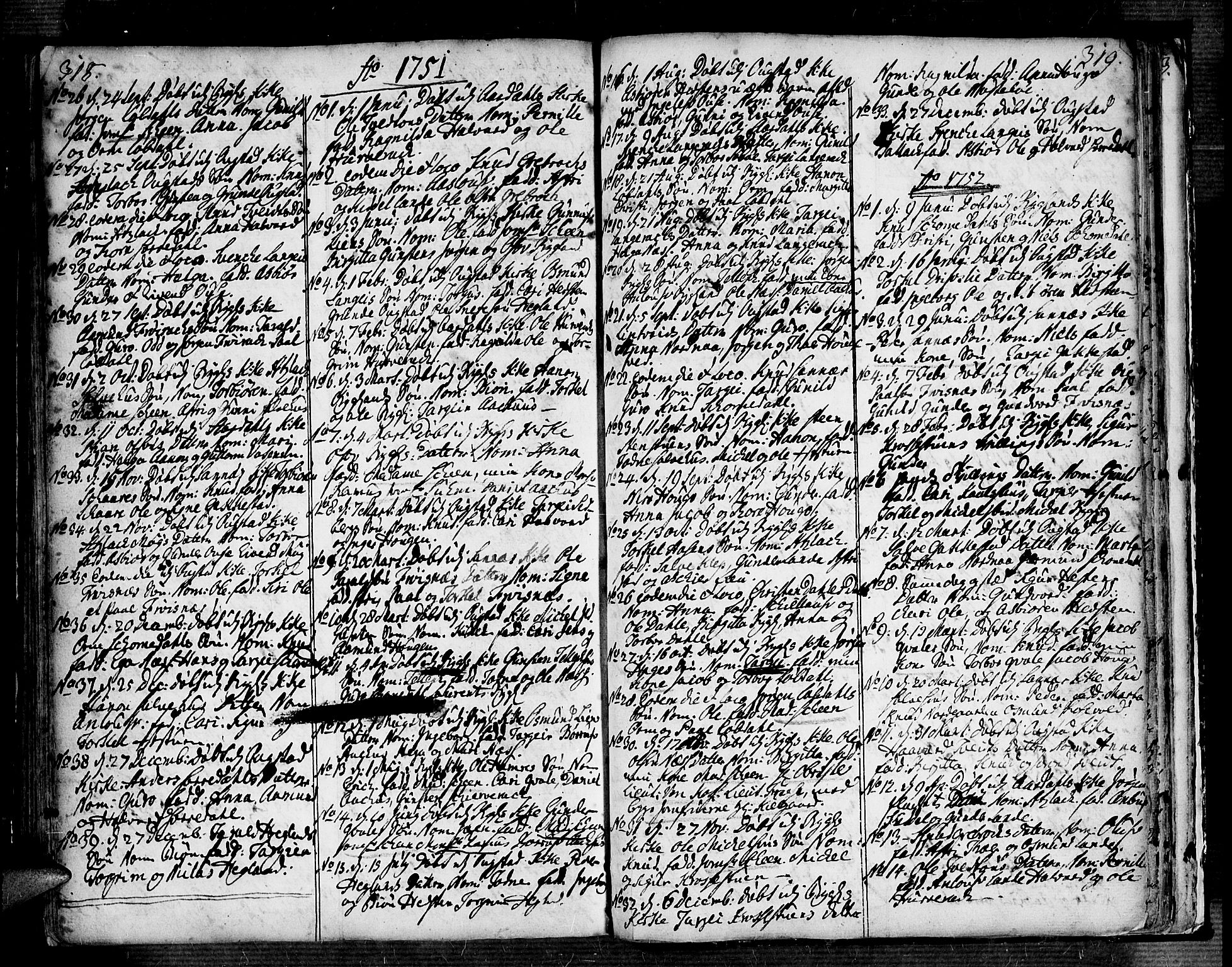 Bygland sokneprestkontor, SAK/1111-0006/F/Fa/Fab/L0001: Parish register (official) no. A 1, 1725-1766, p. 318-319