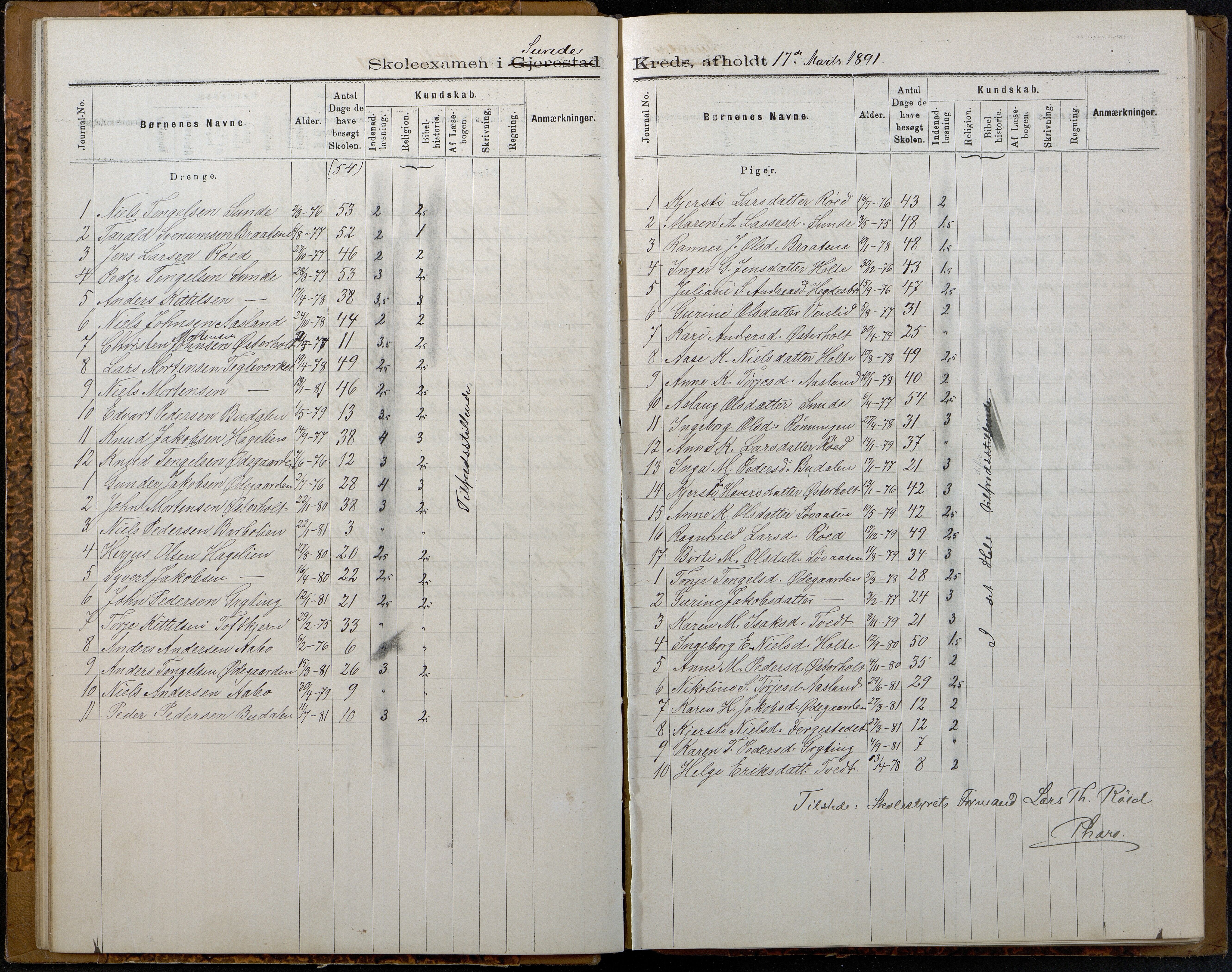 Gjerstad Kommune, Gjerstad Skole, AAKS/KA0911-550a/F02/L0007: Eksamensprotokoll Gjerstad hovedsogn, 1889-1892