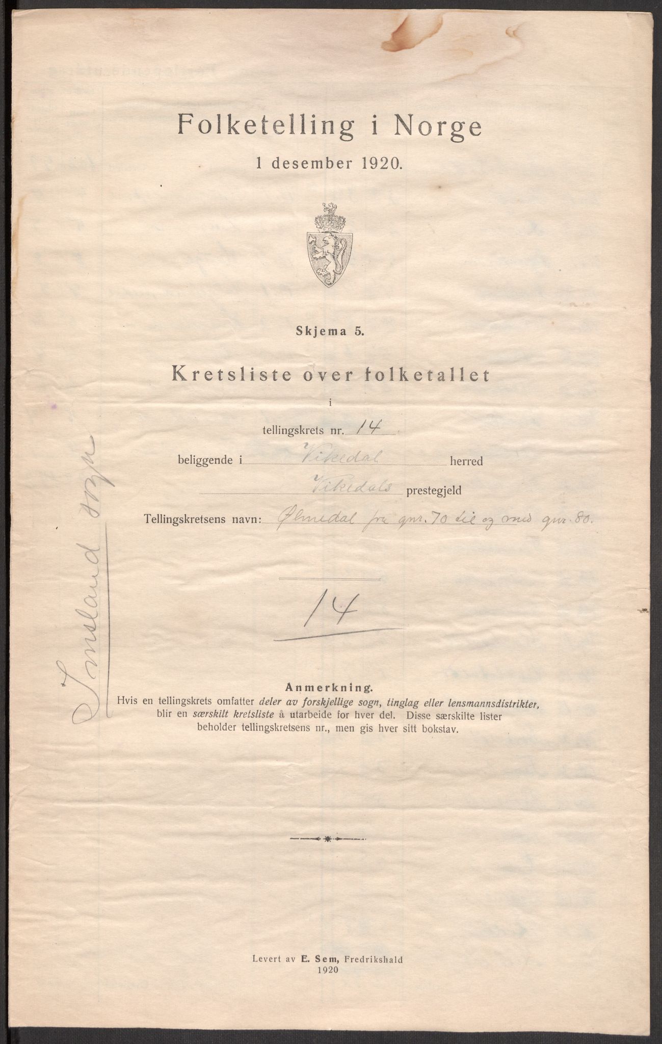 SAST, 1920 census for Vikedal, 1920, p. 48