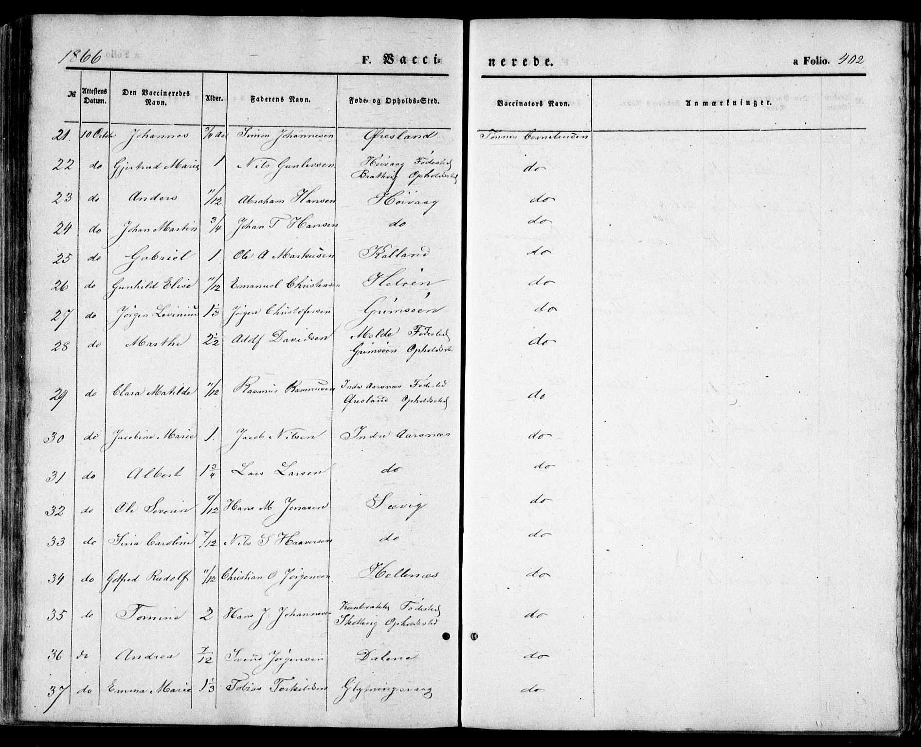 Høvåg sokneprestkontor, SAK/1111-0025/F/Fa/L0004: Parish register (official) no. A 4, 1859-1877, p. 402