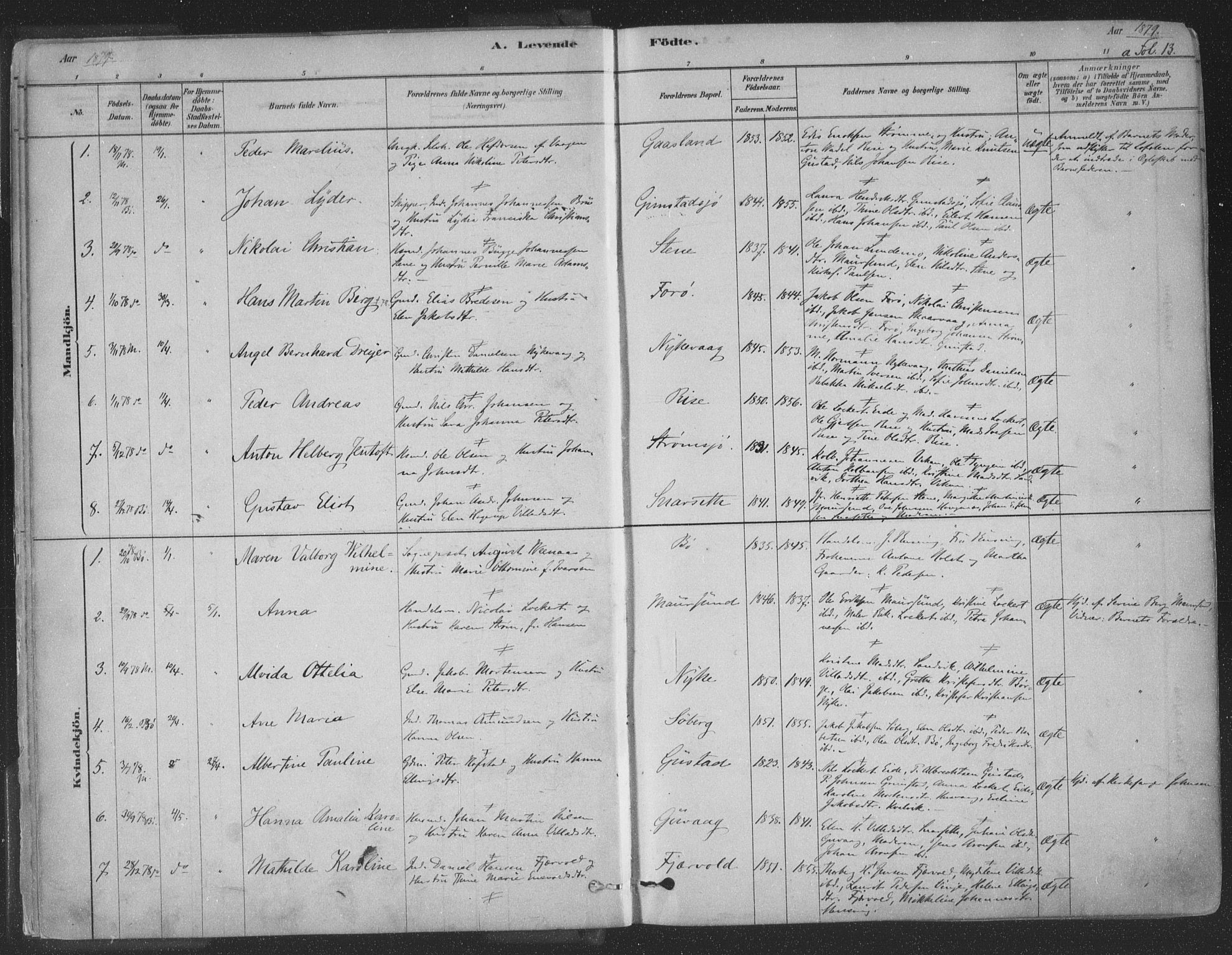 Ministerialprotokoller, klokkerbøker og fødselsregistre - Nordland, AV/SAT-A-1459/891/L1302: Parish register (official) no. 891A07, 1878-1895, p. 13