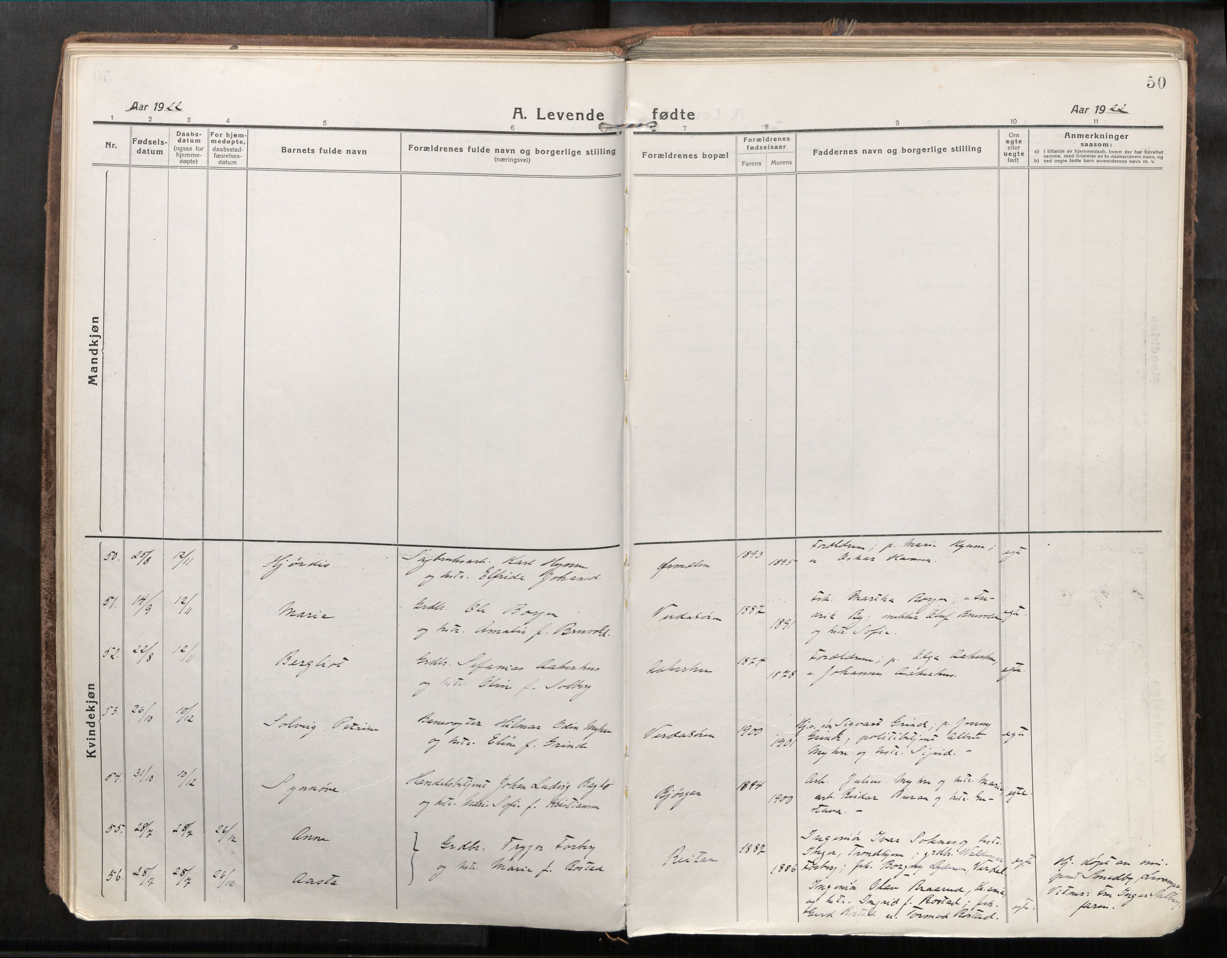 Verdal sokneprestkontor, SAT/A-1156/2/H/Haa/L0001: Parish register (official) no. 1, 1917-1932, p. 50