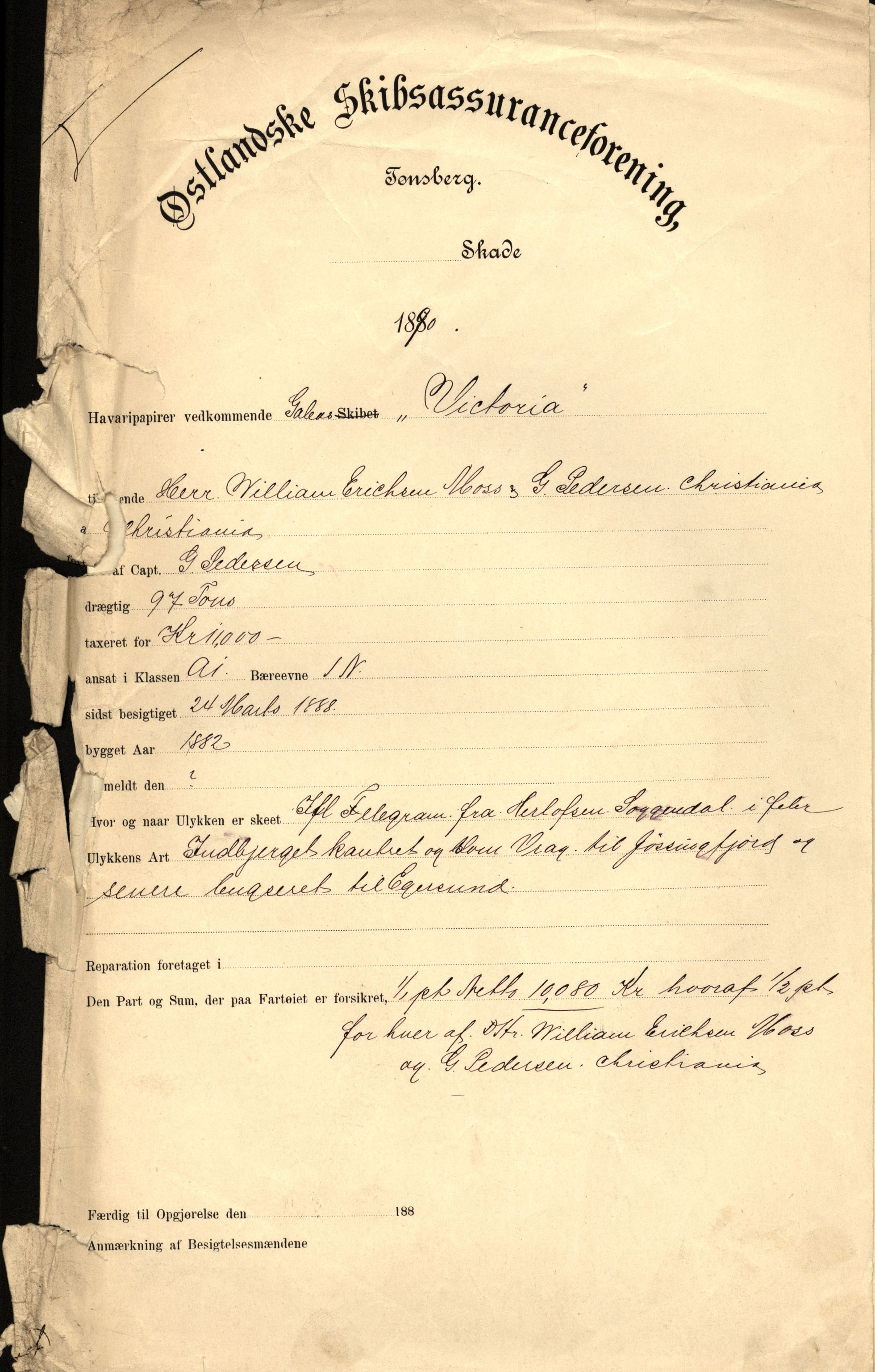 Pa 63 - Østlandske skibsassuranceforening, VEMU/A-1079/G/Ga/L0025/0002: Havaridokumenter / Victoria, St. Petersburg, Windsor, 1890, p. 1