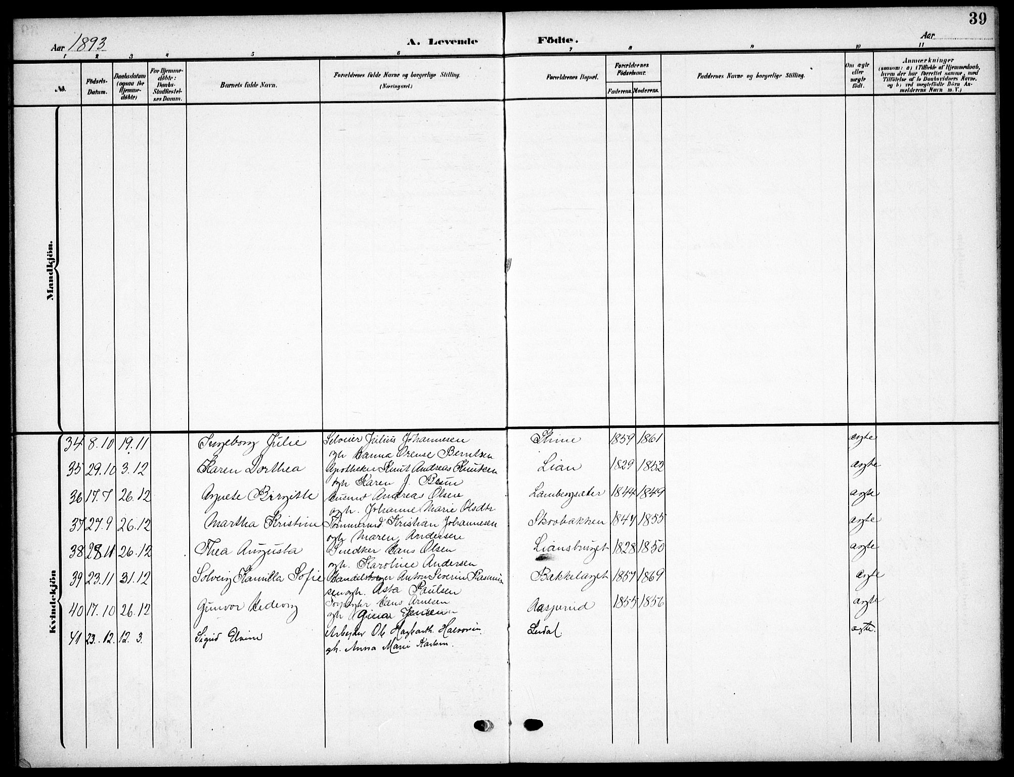 Nordstrand prestekontor Kirkebøker, AV/SAO-A-10362a/F/Fa/L0000: Parish register (official) no.  0, 1881-1900, p. 39