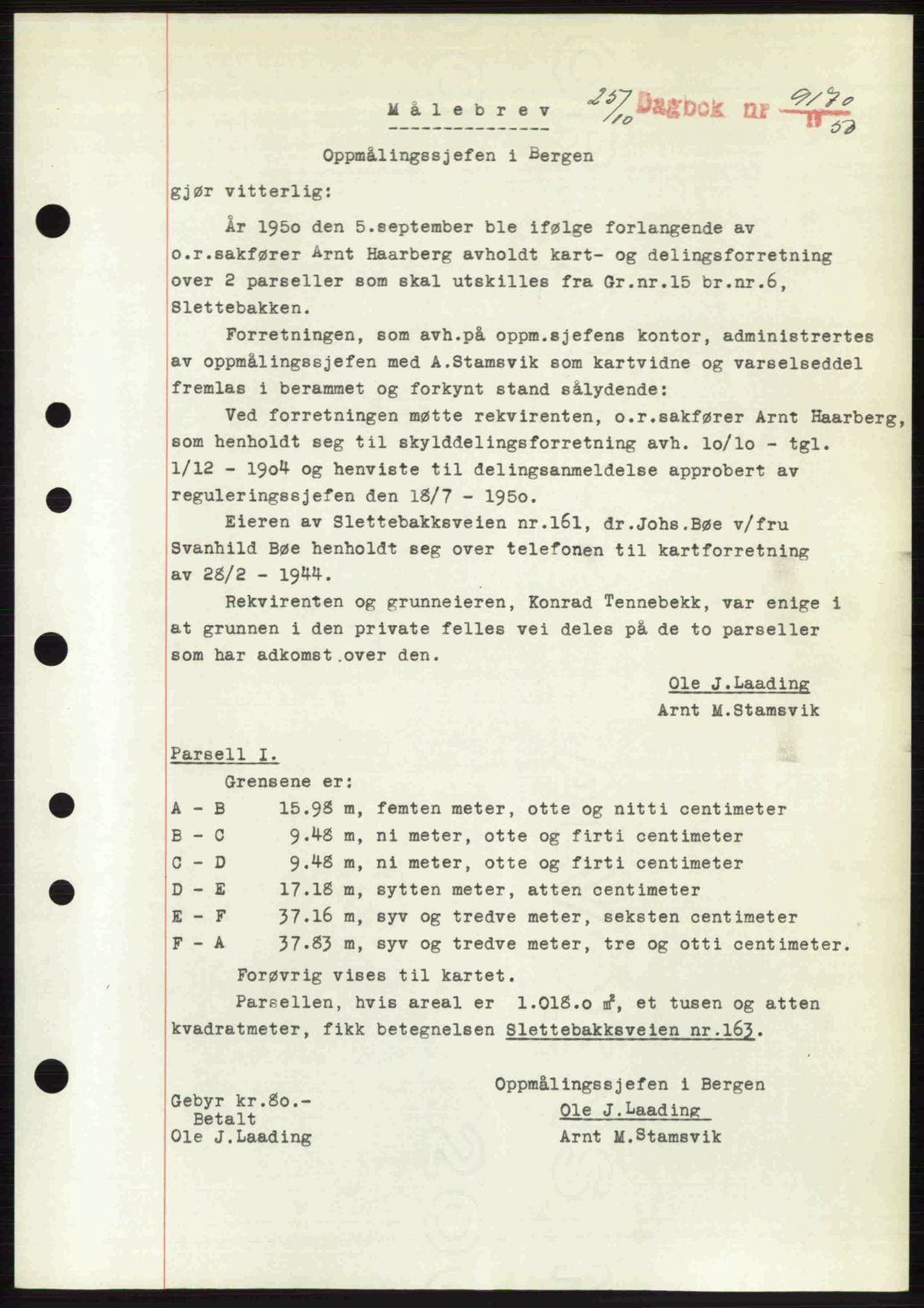 Byfogd og Byskriver i Bergen, SAB/A-3401/03/03Bc/L0034: Mortgage book no. A27-28, 1950-1950, Diary no: : 9170/1950