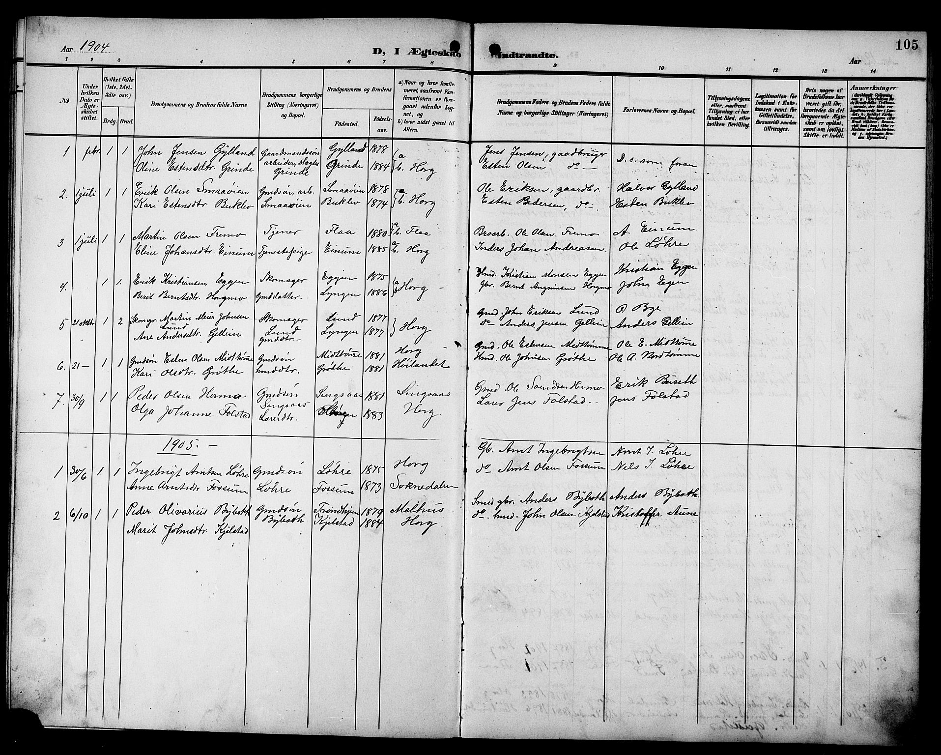 Ministerialprotokoller, klokkerbøker og fødselsregistre - Sør-Trøndelag, SAT/A-1456/692/L1112: Parish register (copy) no. 692C07, 1904-1918, p. 105