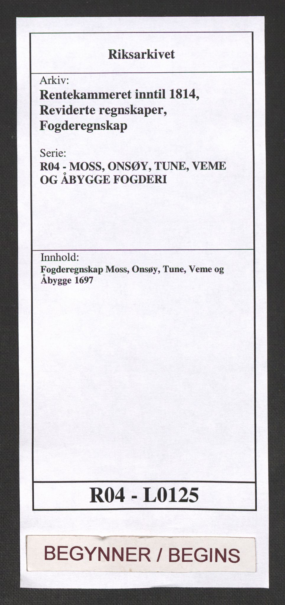 Rentekammeret inntil 1814, Reviderte regnskaper, Fogderegnskap, RA/EA-4092/R04/L0125: Fogderegnskap Moss, Onsøy, Tune, Veme og Åbygge, 1697, p. 1