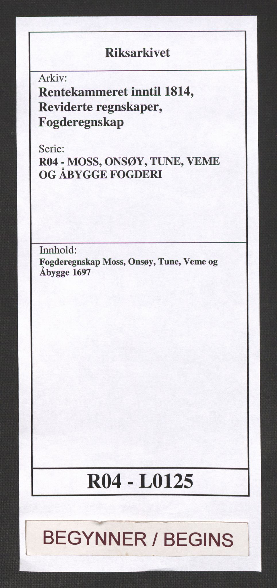 Rentekammeret inntil 1814, Reviderte regnskaper, Fogderegnskap, AV/RA-EA-4092/R04/L0125: Fogderegnskap Moss, Onsøy, Tune, Veme og Åbygge, 1697, p. 1