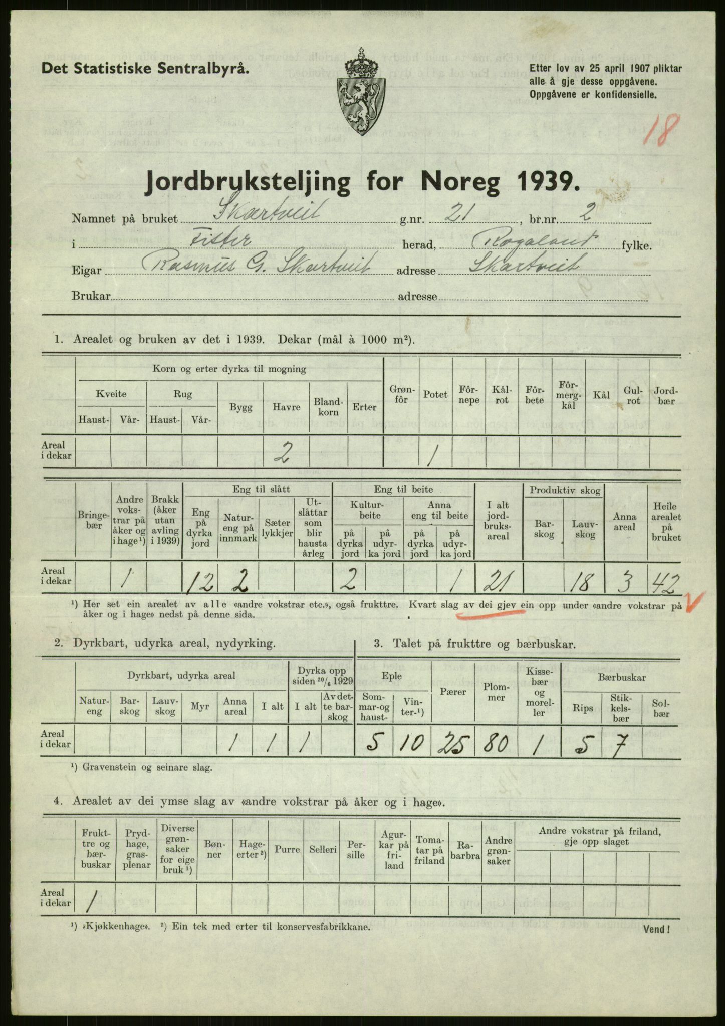 Statistisk sentralbyrå, Næringsøkonomiske emner, Jordbruk, skogbruk, jakt, fiske og fangst, AV/RA-S-2234/G/Gb/L0184: Rogaland: Årdal, Fister og Hjelmeland, 1939, p. 223