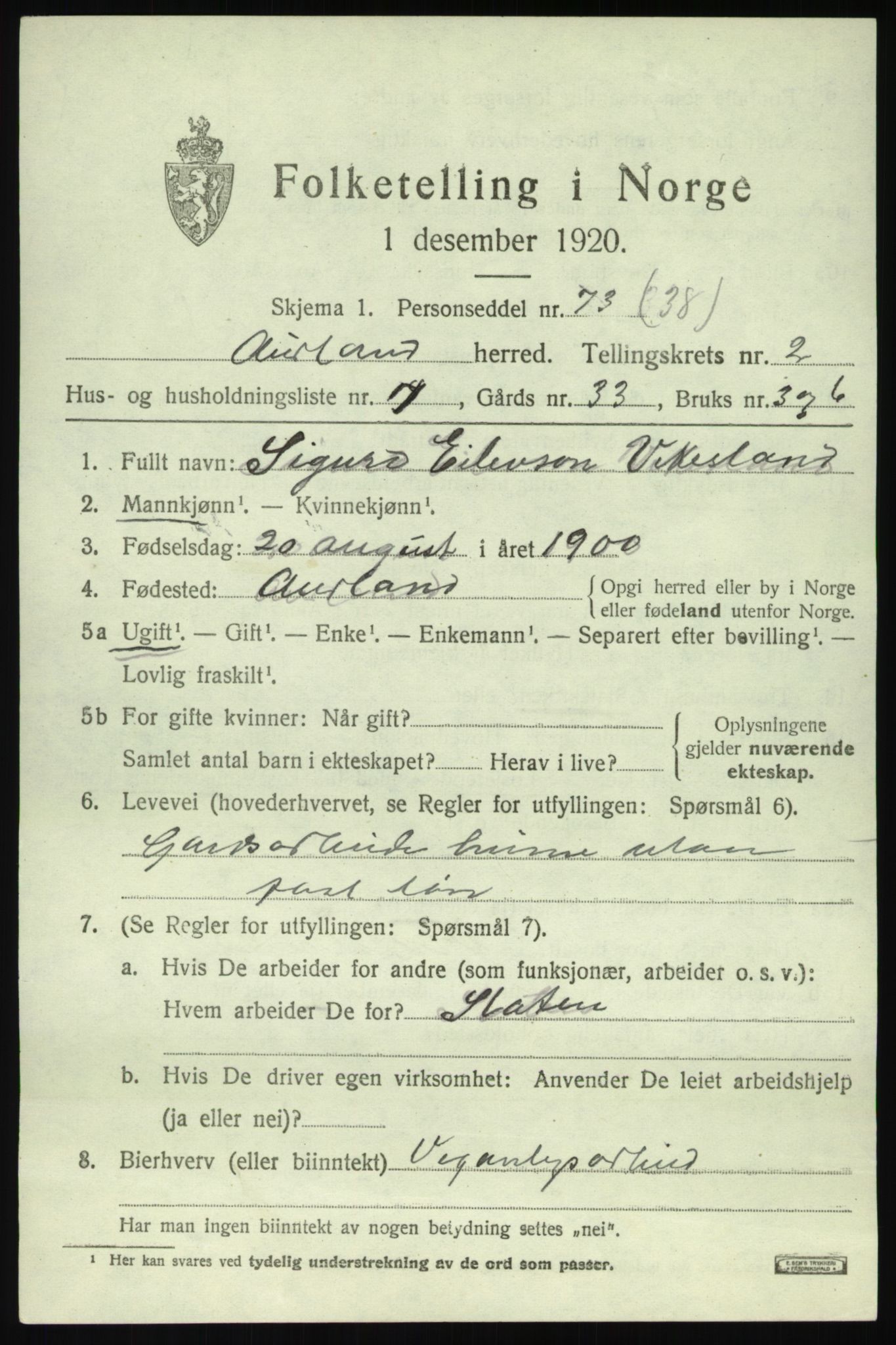 SAB, 1920 census for Aurland, 1920, p. 1898