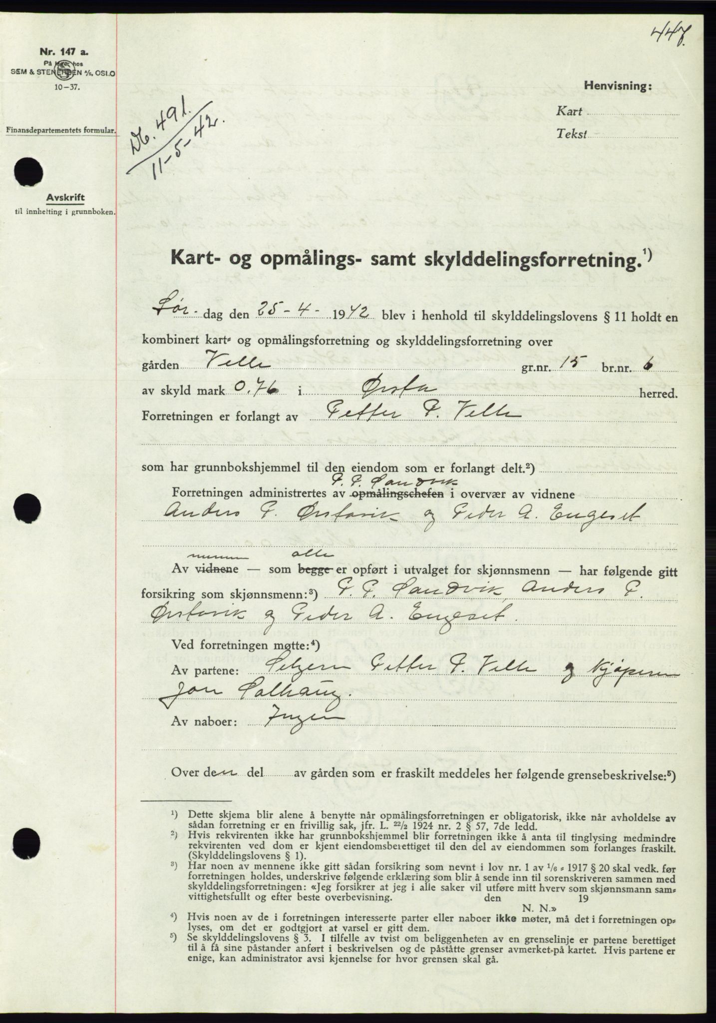 Søre Sunnmøre sorenskriveri, AV/SAT-A-4122/1/2/2C/L0073: Mortgage book no. 67, 1941-1942, Diary no: : 491/1942