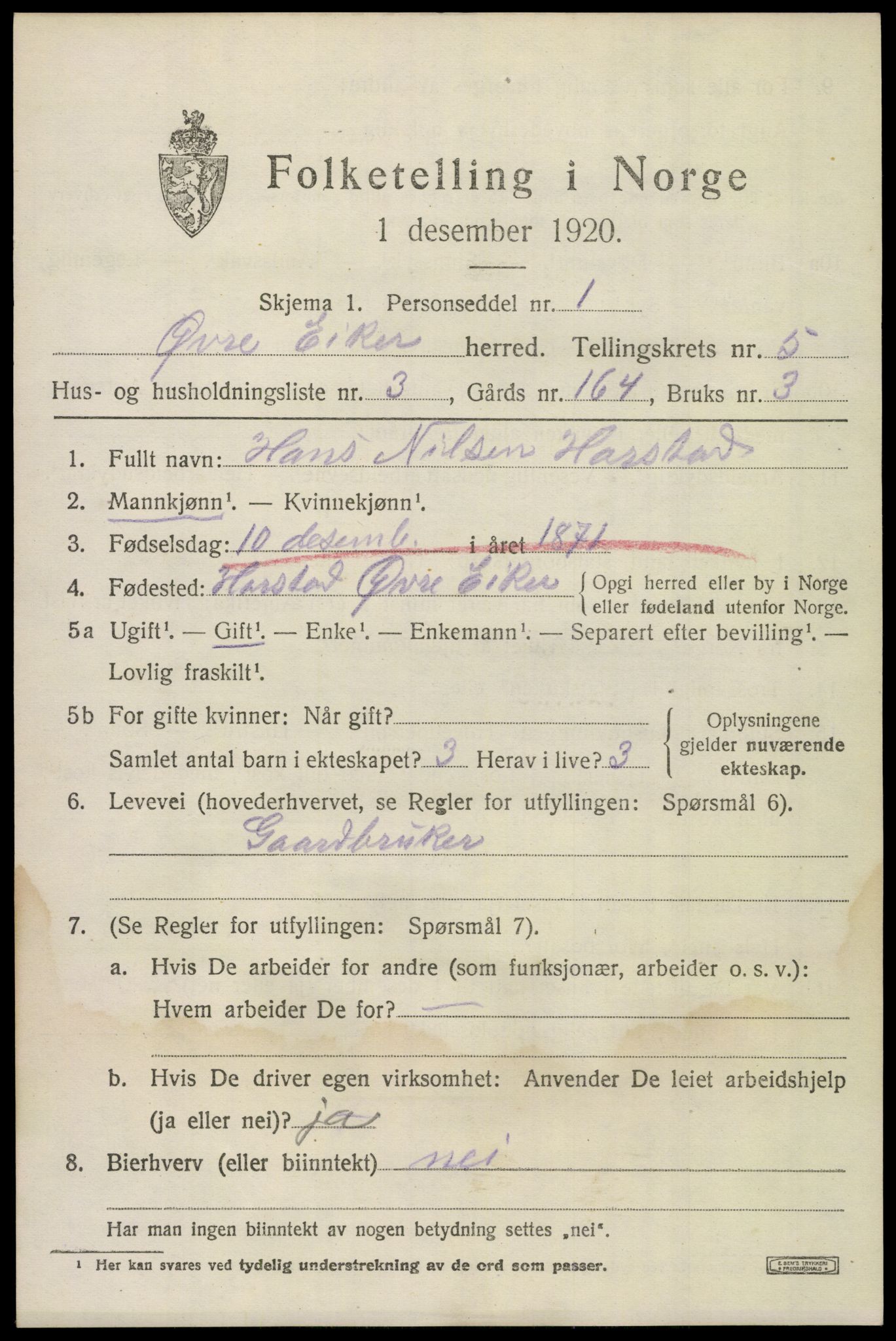 SAKO, 1920 census for Øvre Eiker, 1920, p. 12036