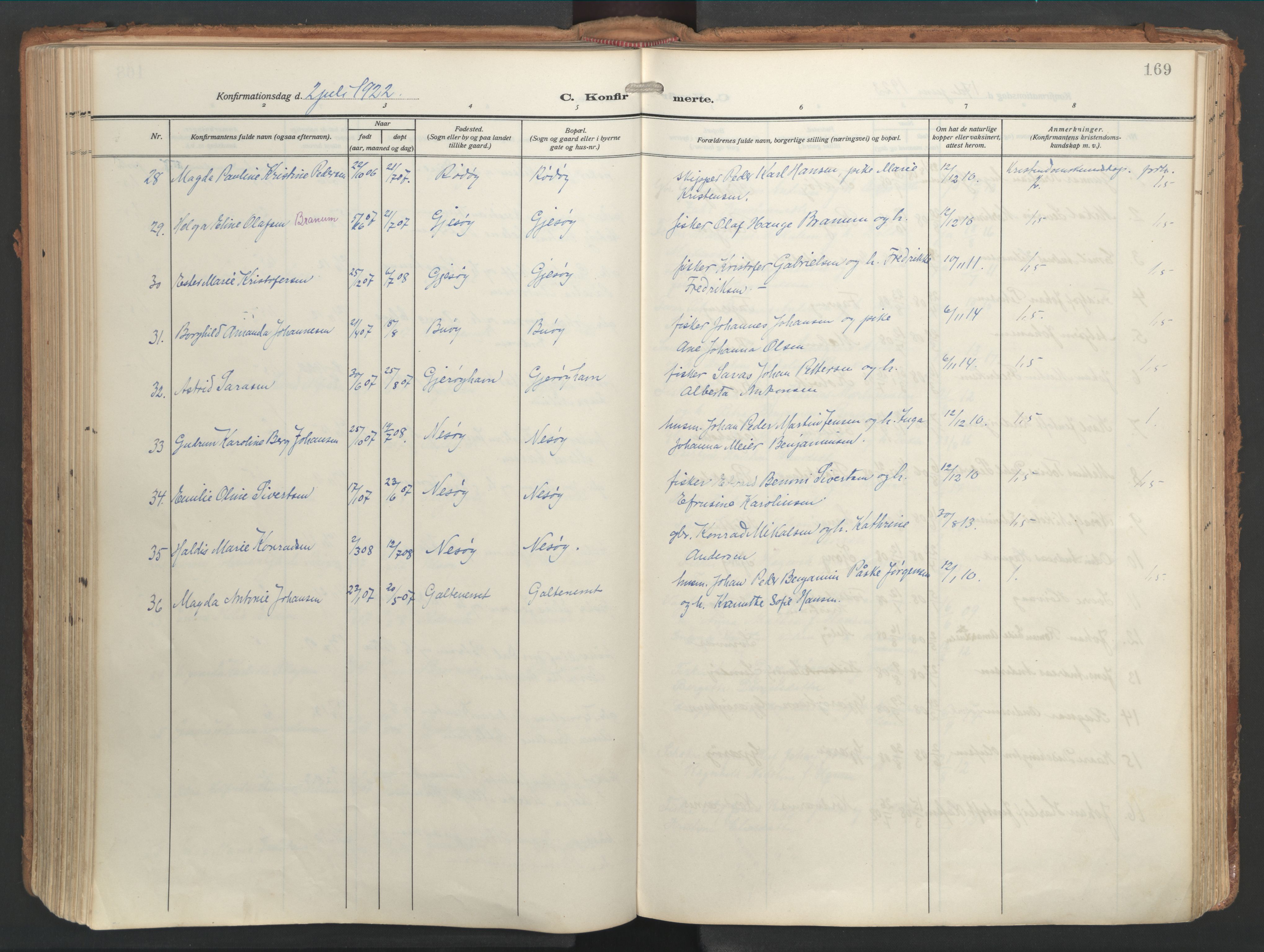 Ministerialprotokoller, klokkerbøker og fødselsregistre - Nordland, AV/SAT-A-1459/841/L0614: Parish register (official) no. 841A17, 1911-1925, p. 169