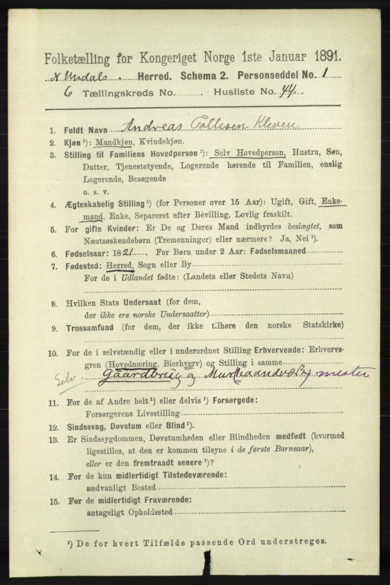 RA, 1891 census for 1028 Nord-Audnedal, 1891, p. 1727