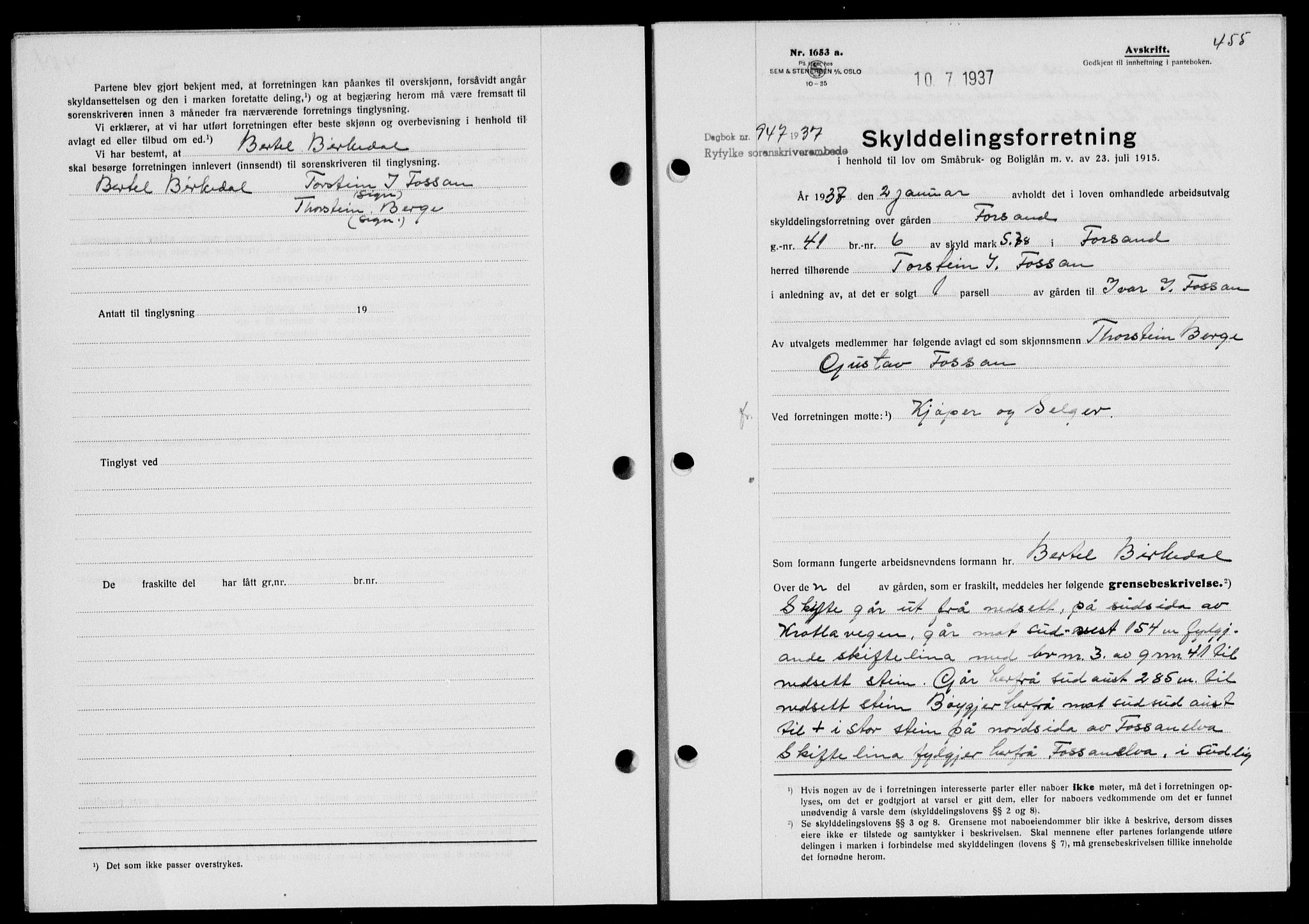 Ryfylke tingrett, AV/SAST-A-100055/001/II/IIB/L0075: Mortgage book no. 54, 1937-1937, Diary no: : 947/1937