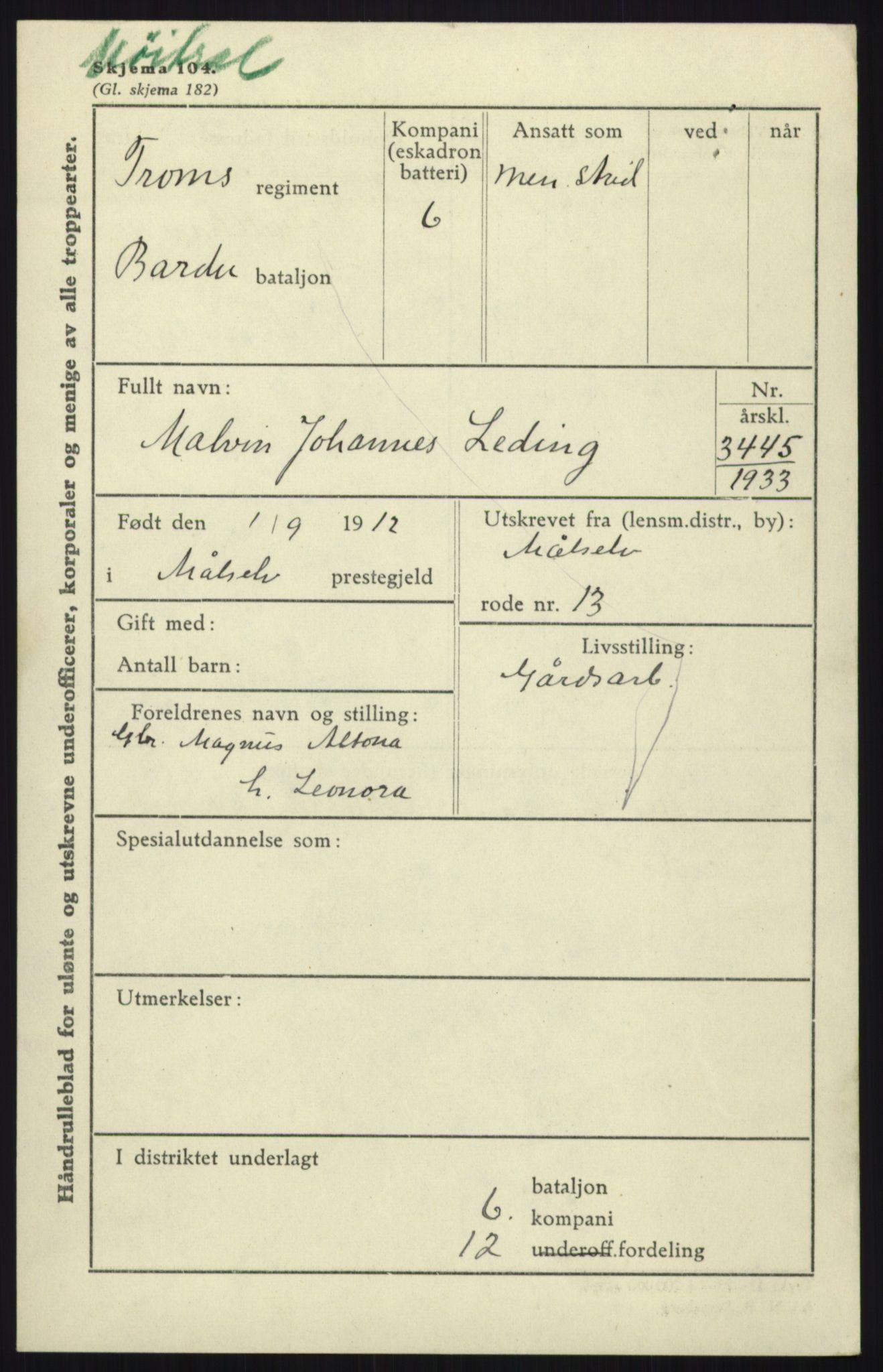 Forsvaret, Troms infanteriregiment nr. 16, AV/RA-RAFA-3146/P/Pa/L0017: Rulleblad for regimentets menige mannskaper, årsklasse 1933, 1933, p. 761