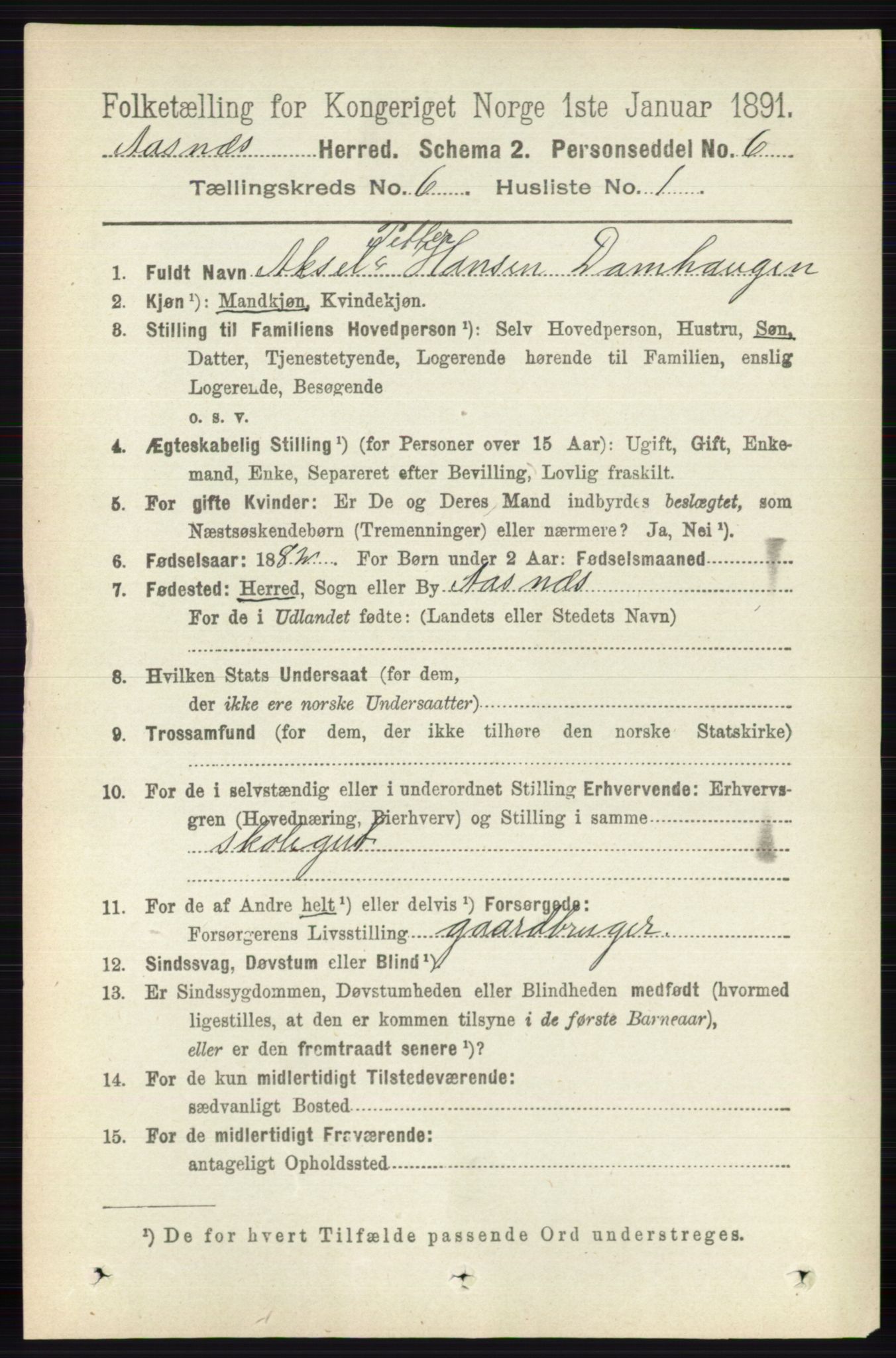 RA, 1891 census for 0425 Åsnes, 1891, p. 2798