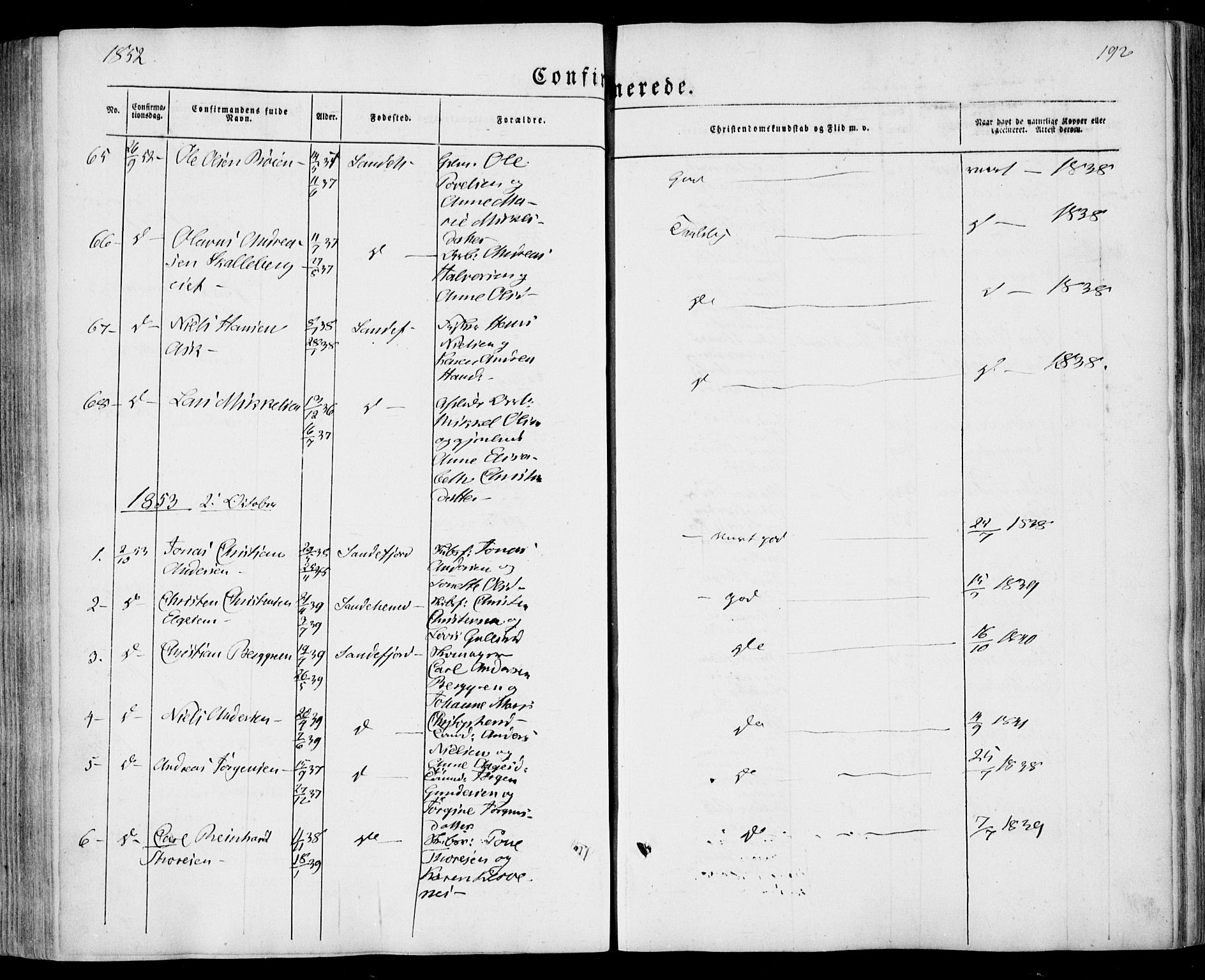 Sandar kirkebøker, SAKO/A-243/F/Fa/L0006: Parish register (official) no. 6, 1847-1860, p. 192