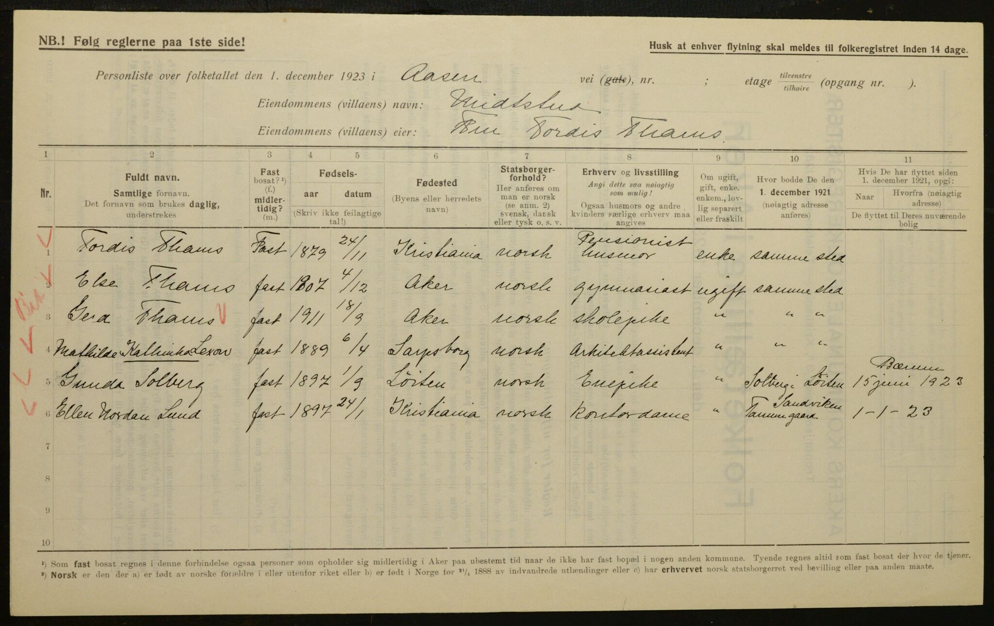 , Municipal Census 1923 for Aker, 1923, p. 83