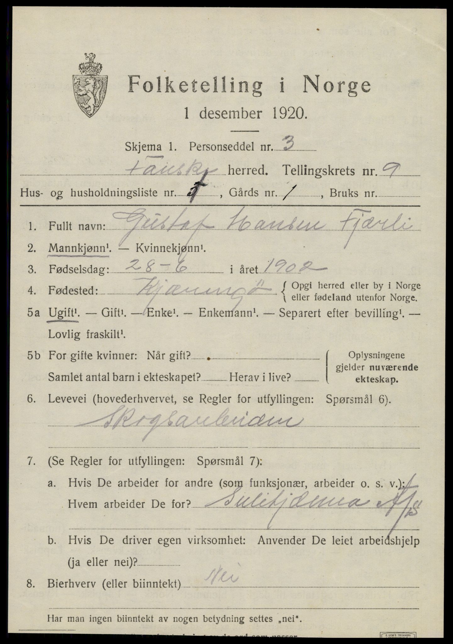 SAT, 1920 census for Fauske, 1920, p. 7020