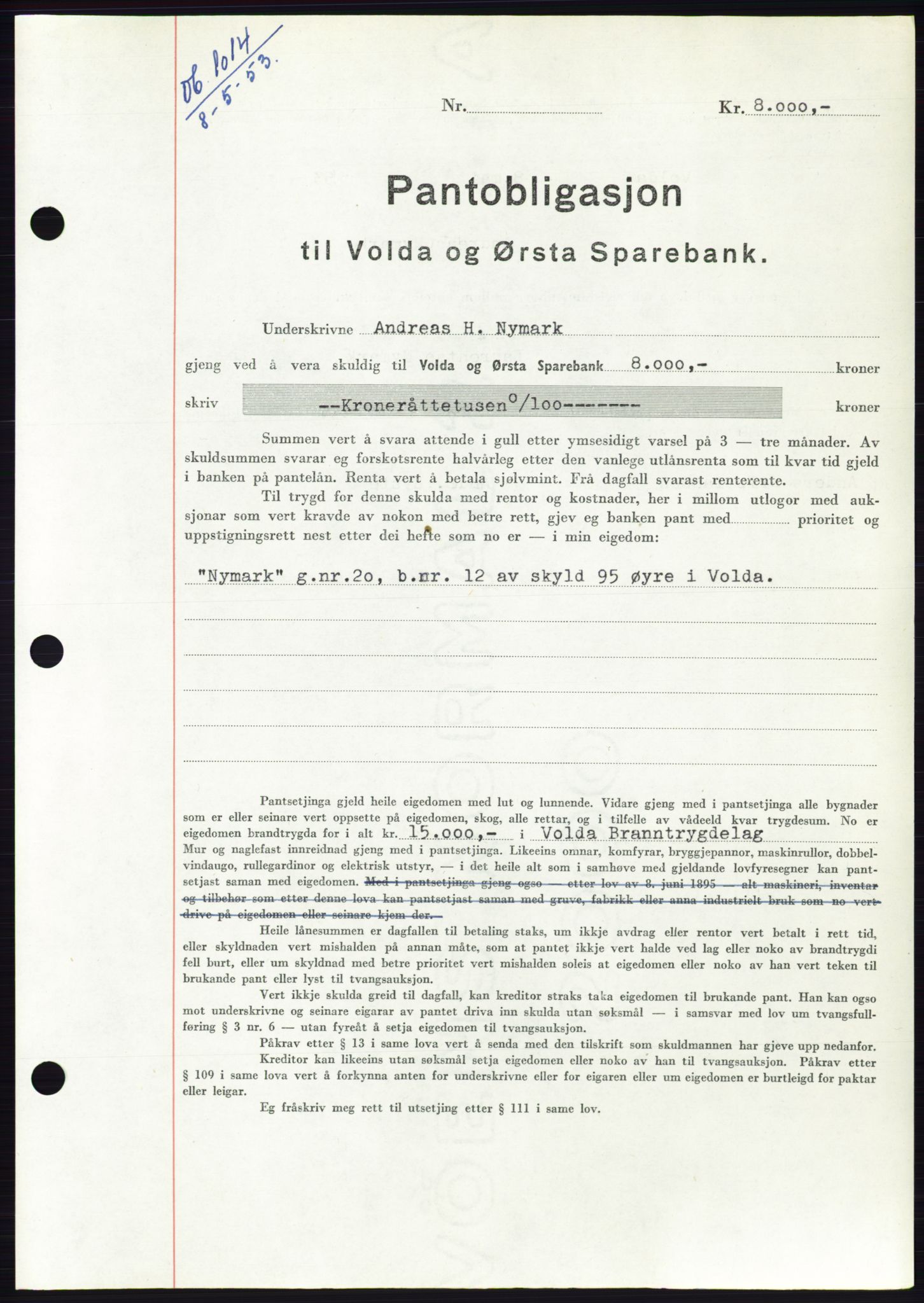 Søre Sunnmøre sorenskriveri, SAT/A-4122/1/2/2C/L0123: Mortgage book no. 11B, 1953-1953, Diary no: : 1014/1953