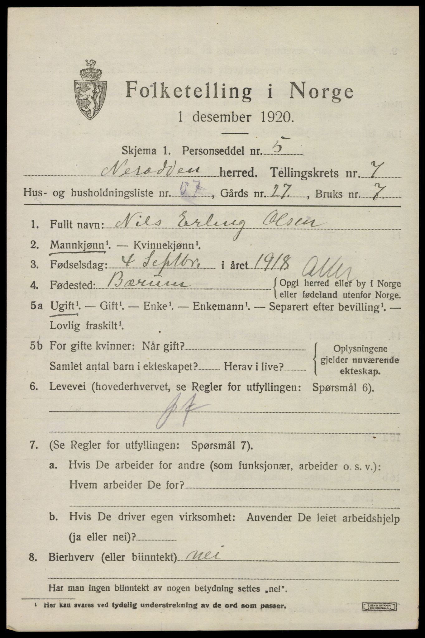 SAO, 1920 census for Nesodden, 1920, p. 6261