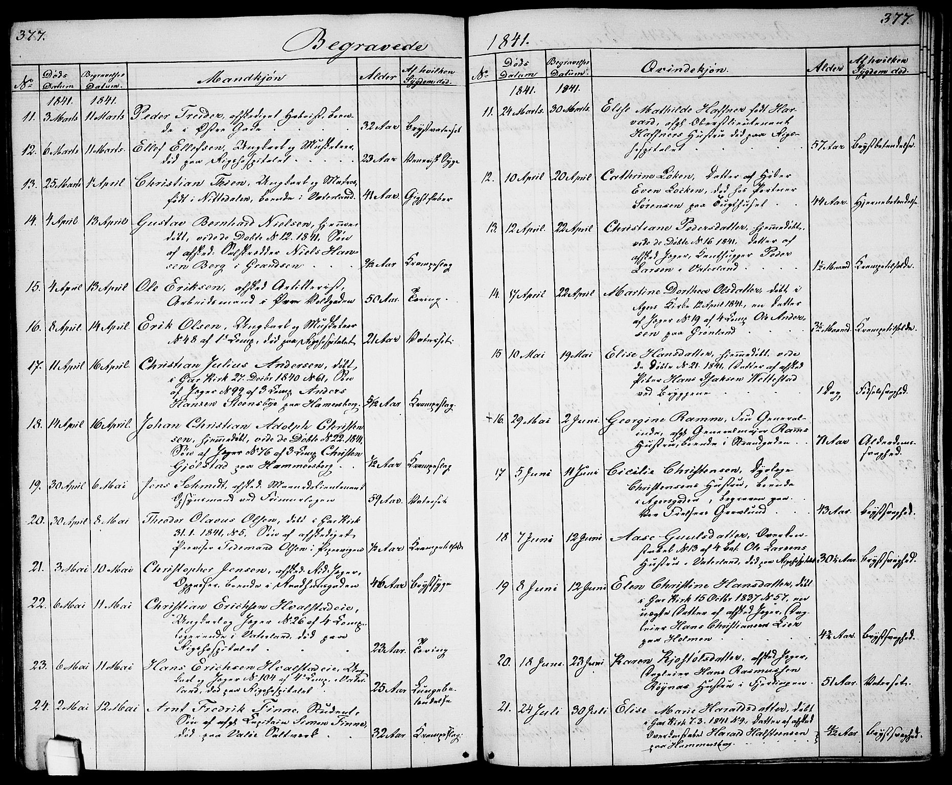 Garnisonsmenigheten Kirkebøker, AV/SAO-A-10846/G/Ga/L0005: Parish register (copy) no. 5, 1841-1860, p. 377