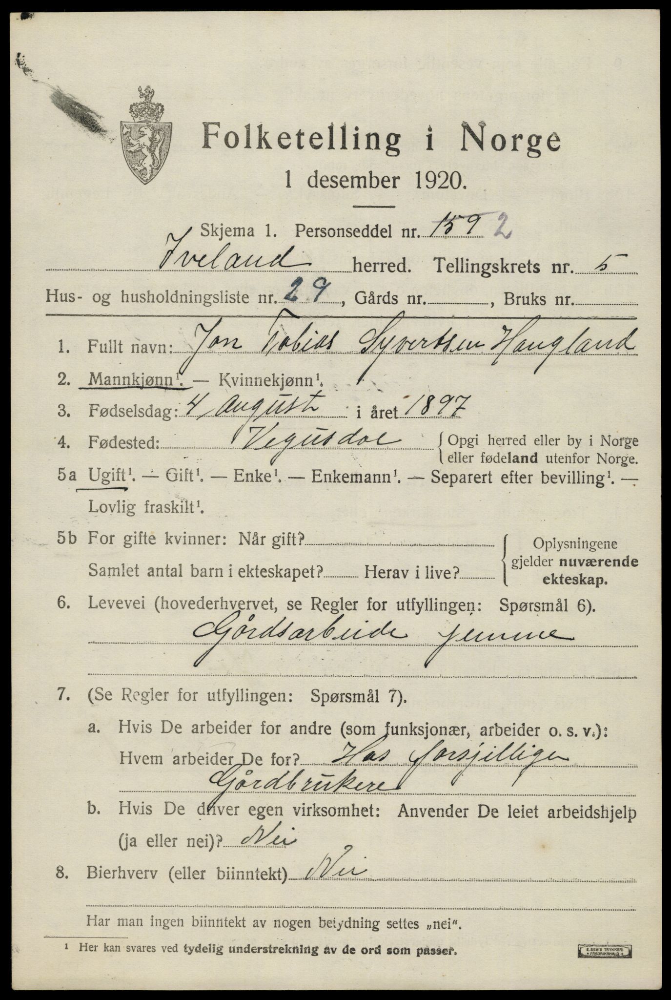 SAK, 1920 census for Iveland, 1920, p. 1903
