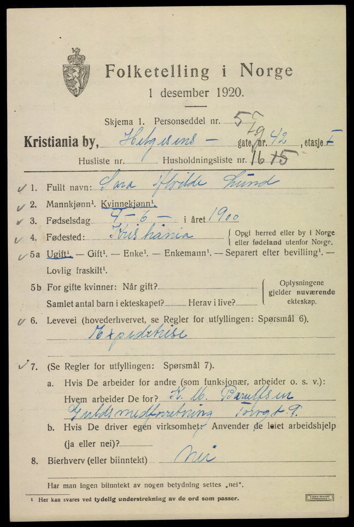 SAO, 1920 census for Kristiania, 1920, p. 285295